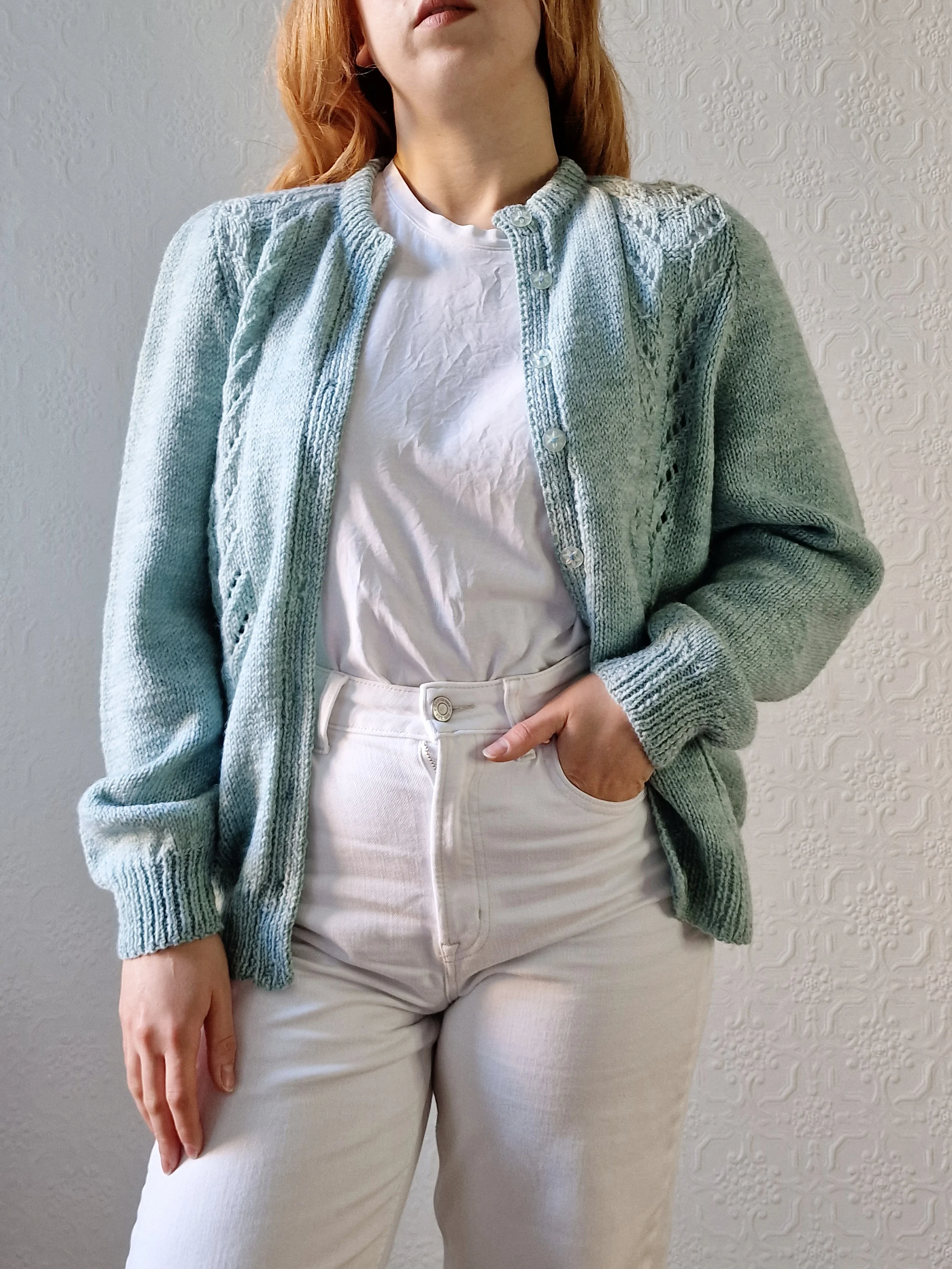 Vintage 80s Handknitted Duck Egg Crew Neck Cardigan - M/L - Image 5