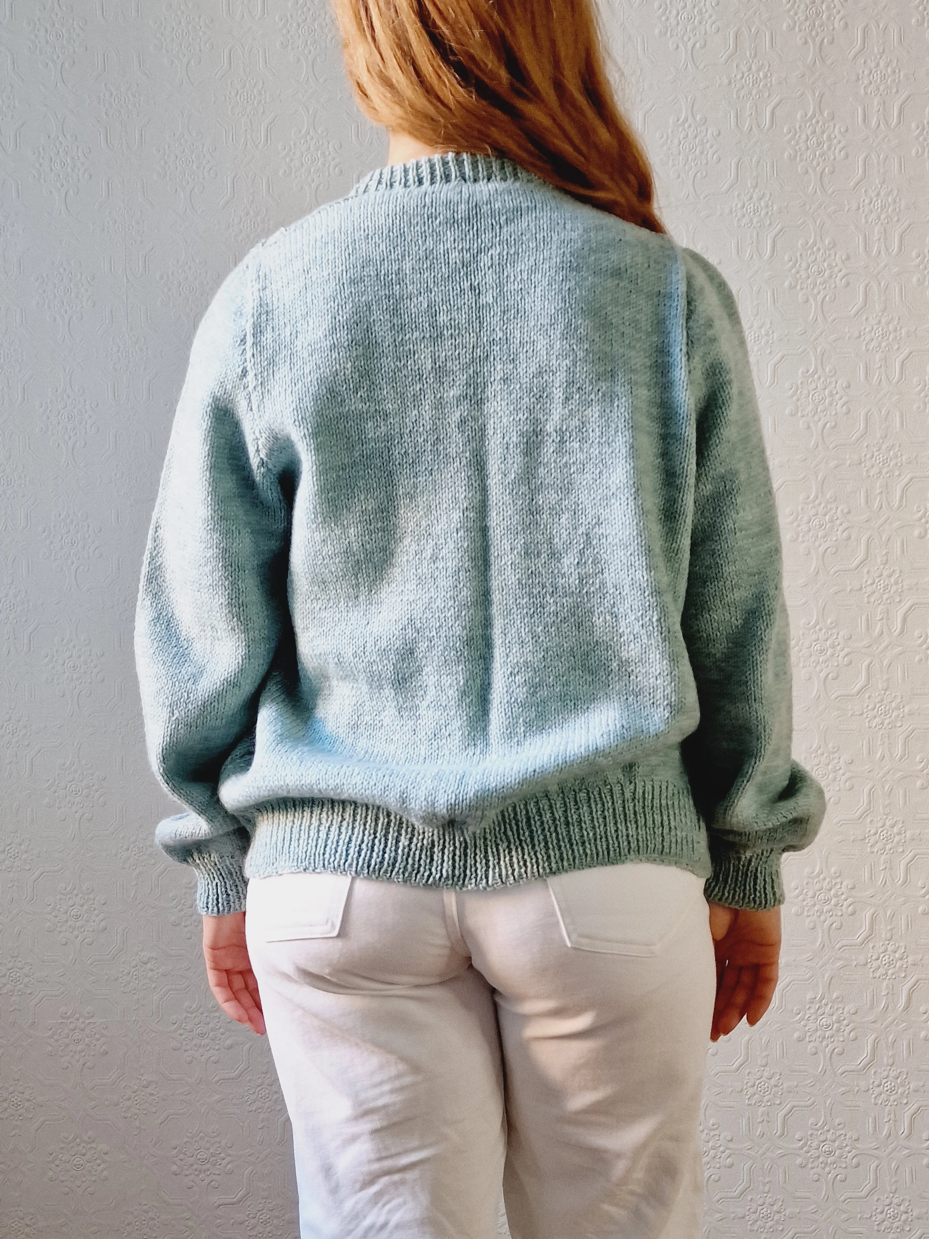 Vintage 80s Handknitted Duck Egg Crew Neck Cardigan - M/L - Image 6