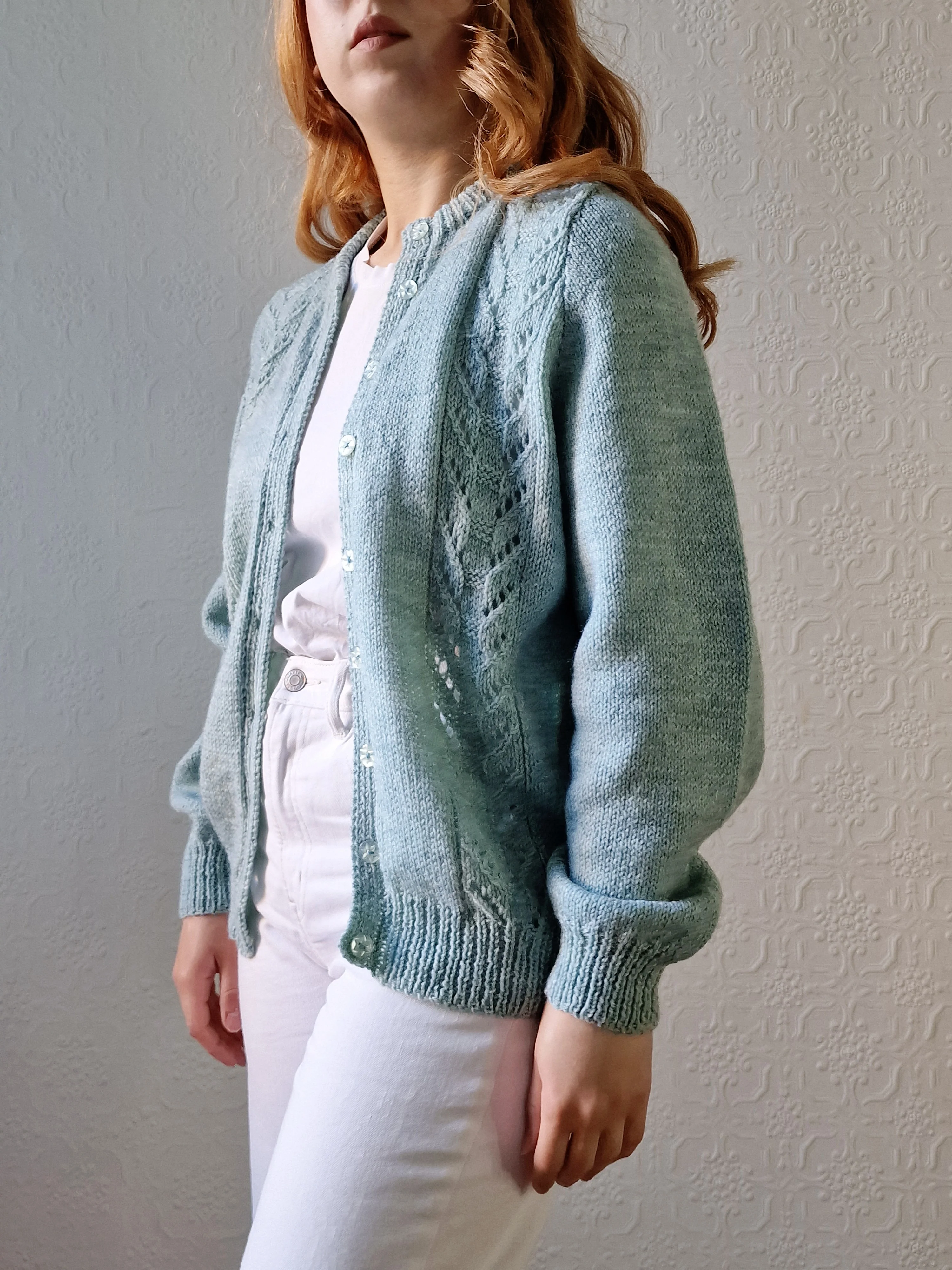 Vintage 80s Handknitted Duck Egg Crew Neck Cardigan - M/L - Image 7
