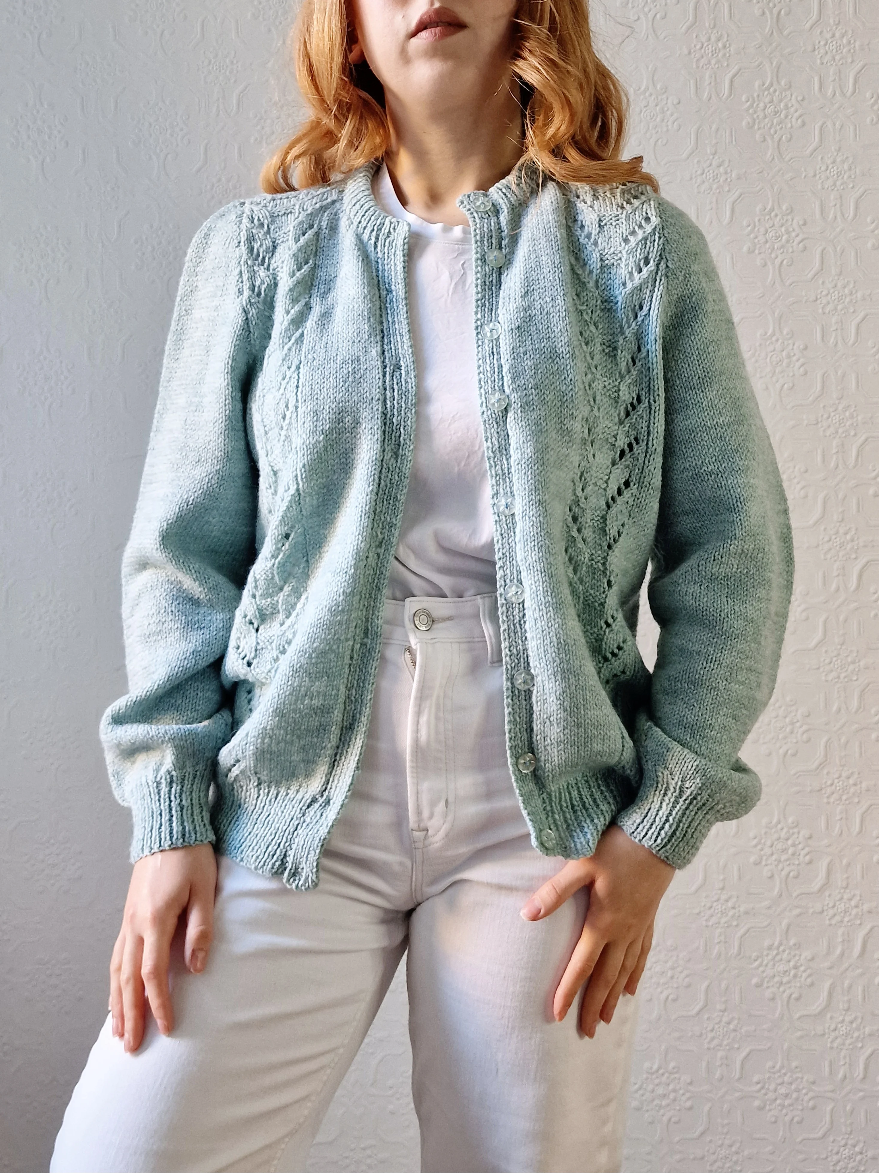 Vintage 80s Handknitted Duck Egg Crew Neck Cardigan - M/L - Image 8