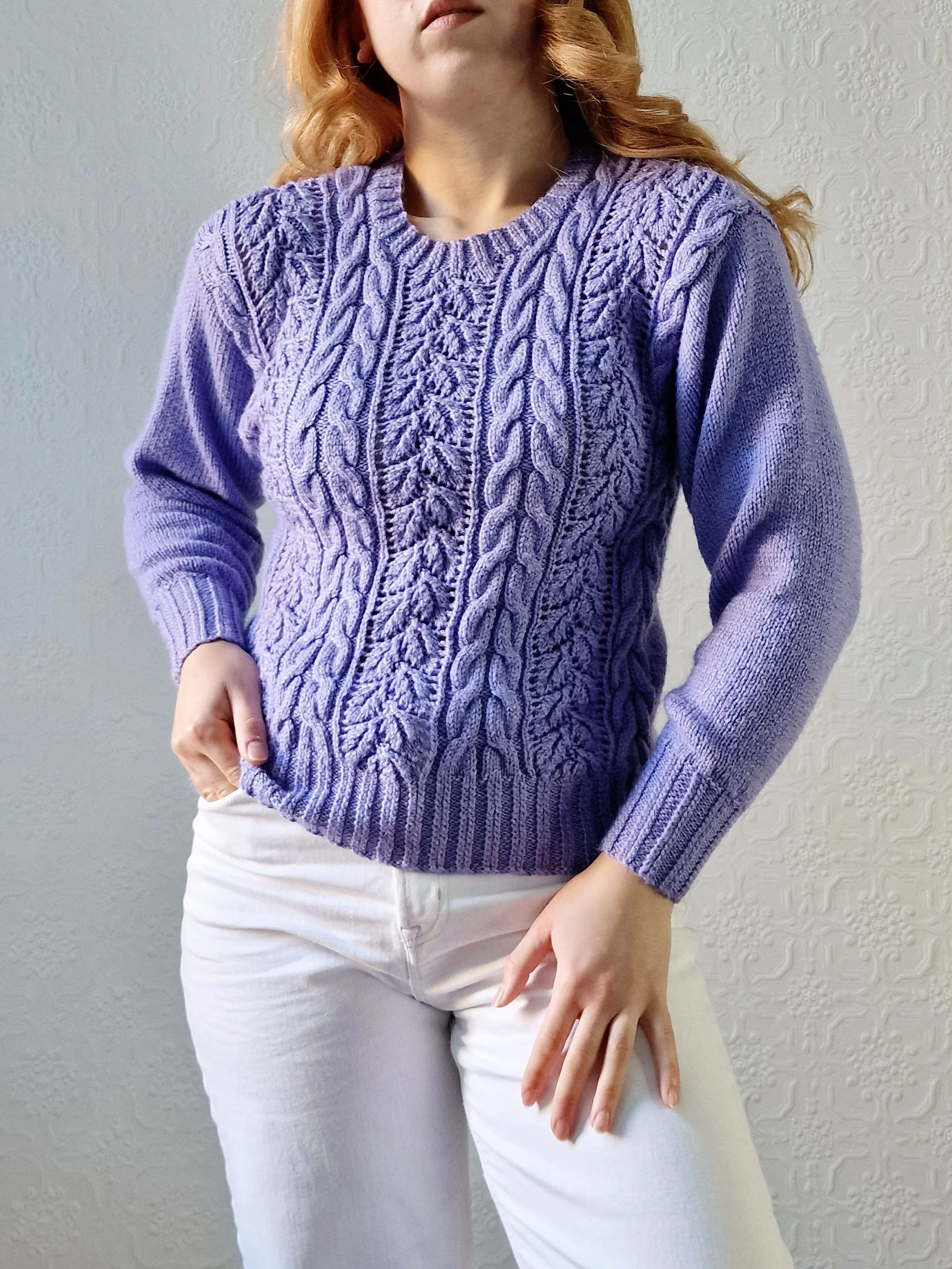 Vintage 80s Handknitted Lavender Purple Cable Knit Jumper with Crew Neck - S/M - Image 2