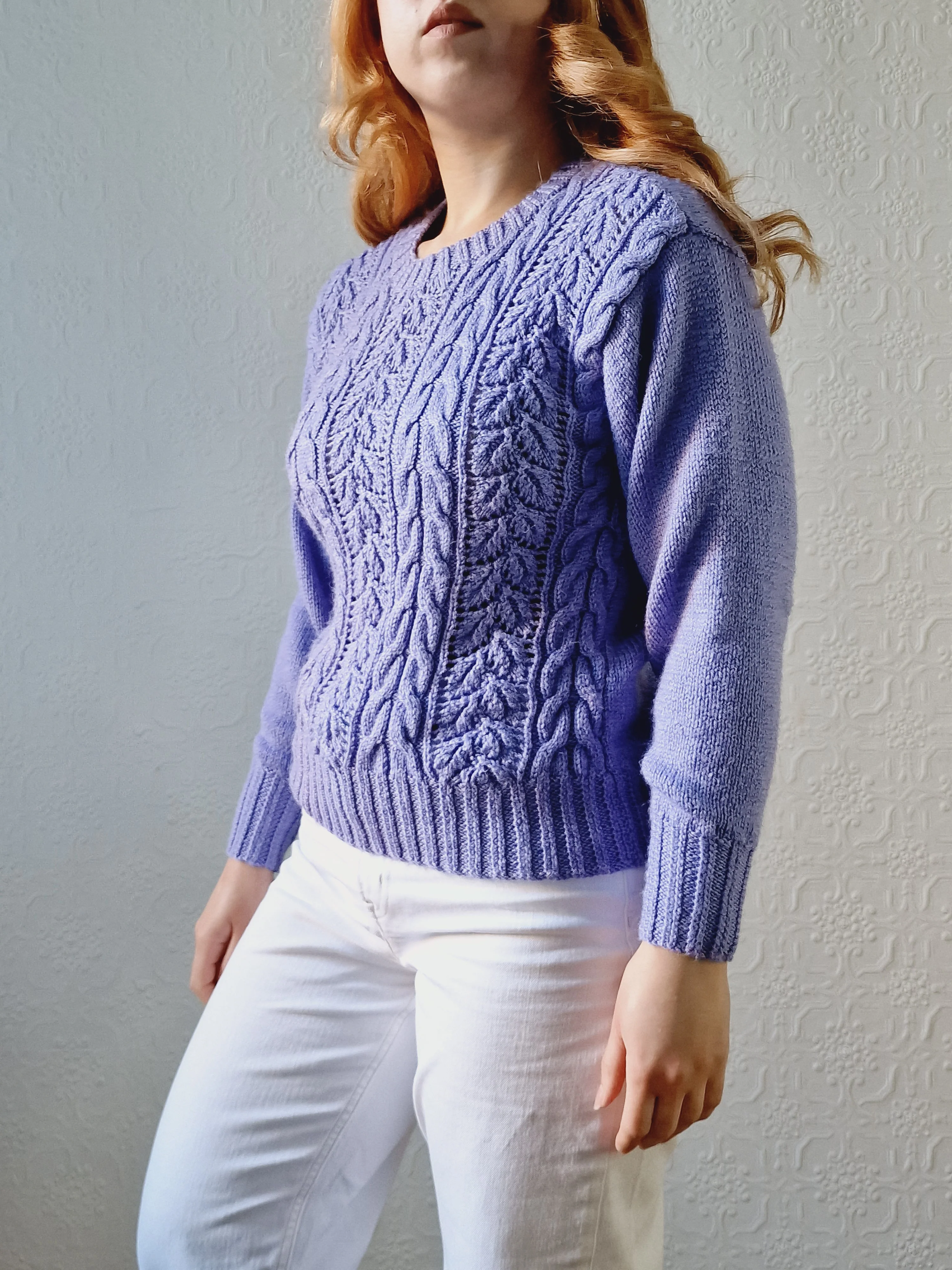 Vintage 80s Handknitted Lavender Purple Cable Knit Jumper with Crew Neck - S/M - Image 3