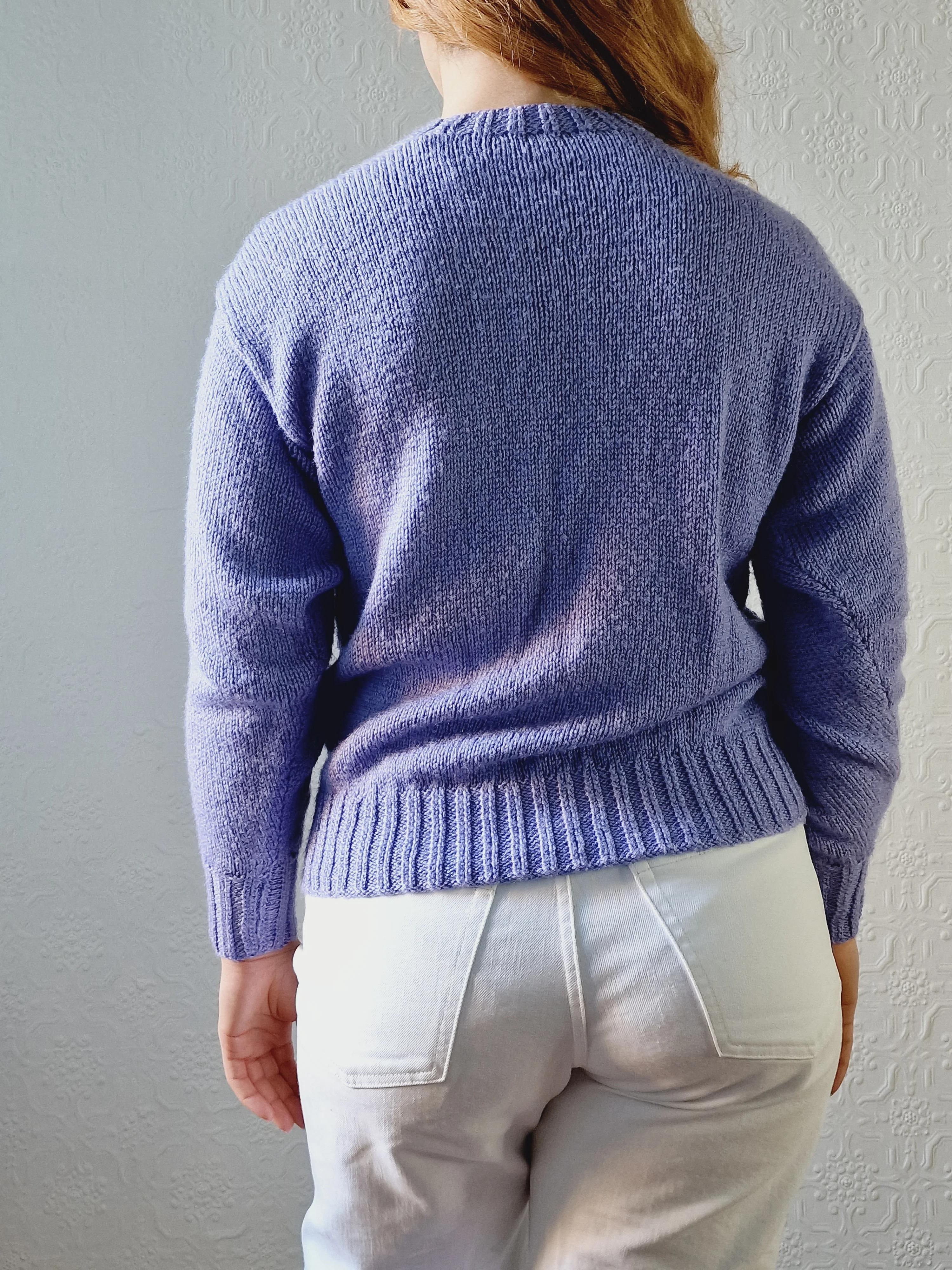 Vintage 80s Handknitted Lavender Purple Cable Knit Jumper with Crew Neck - S/M - Image 5