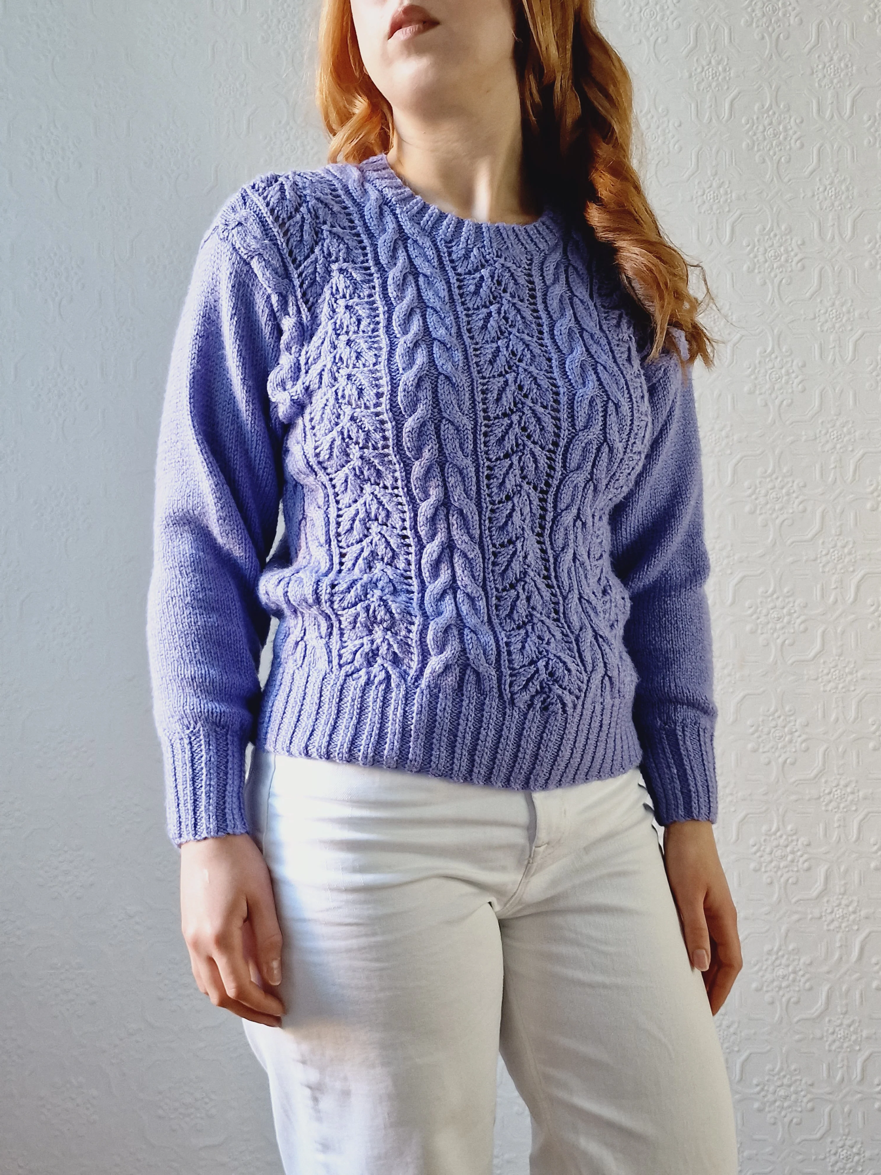 Vintage 80s Handknitted Lavender Purple Cable Knit Jumper with Crew Neck - S/M - Image 6