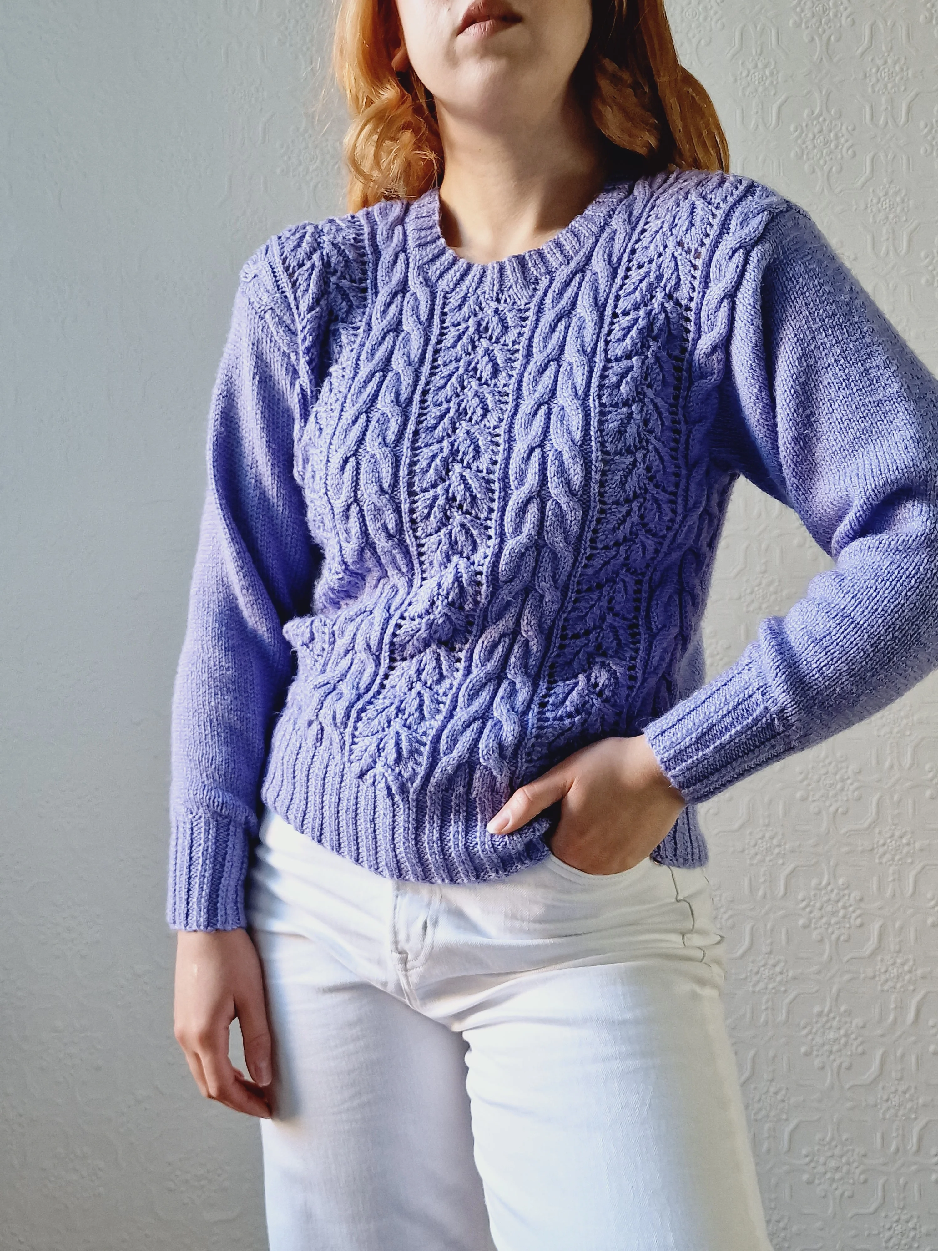 Vintage 80s Handknitted Lavender Purple Cable Knit Jumper with Crew Neck - S/M - Image 7