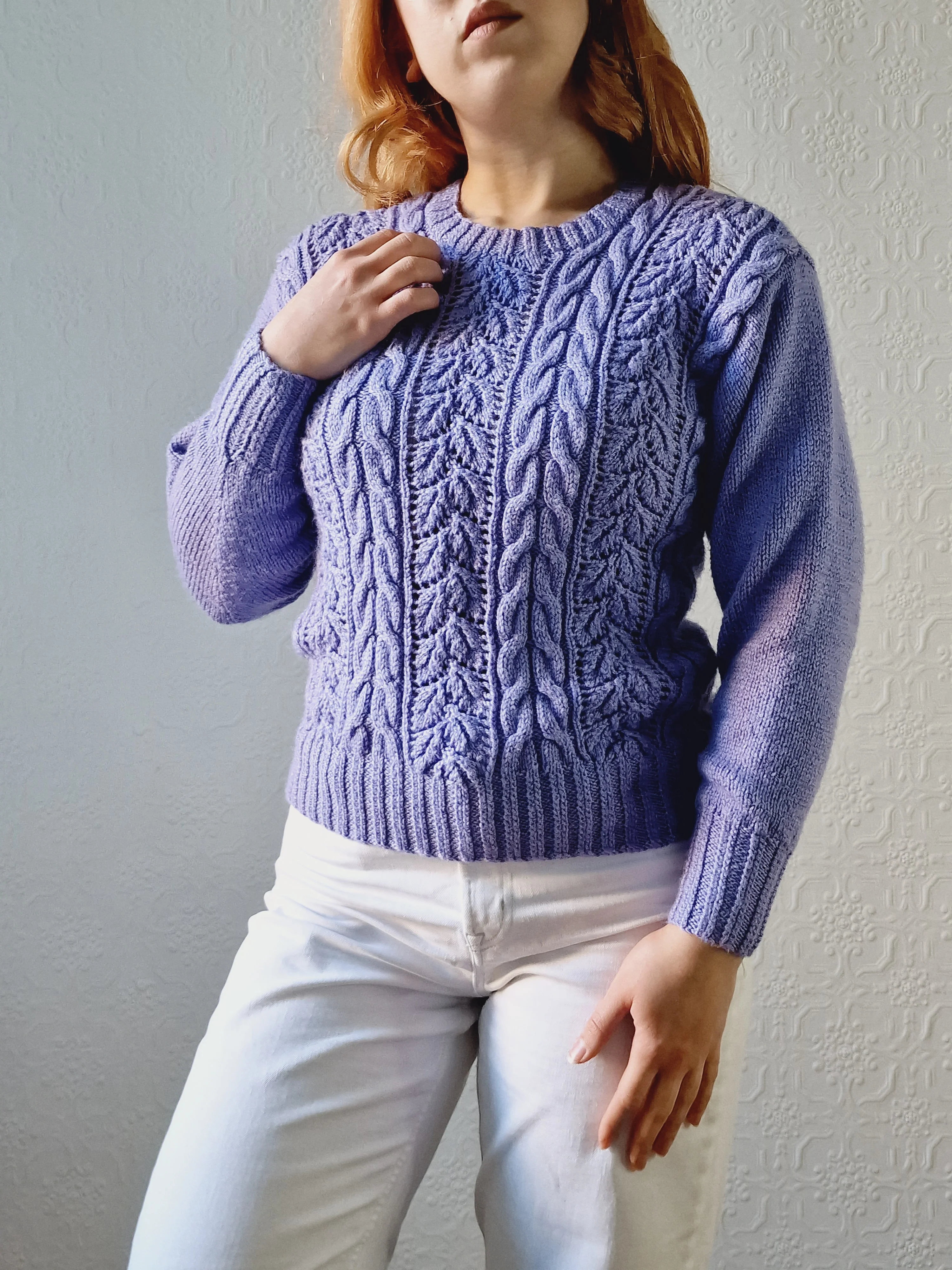 Vintage 80s Handknitted Lavender Purple Cable Knit Jumper with Crew Neck - S/M - Image 8