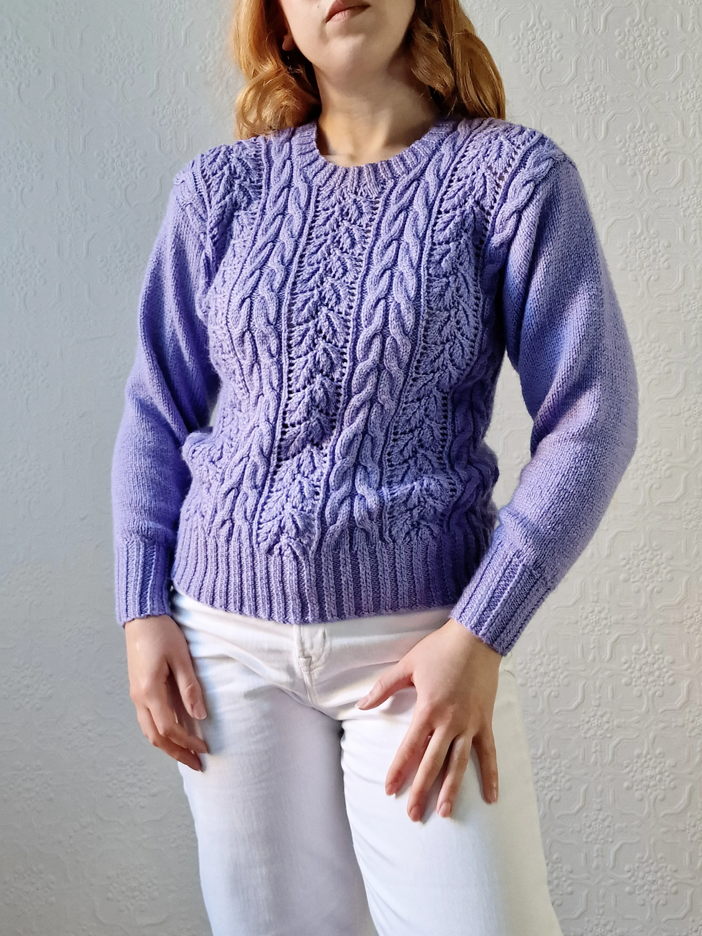 Vintage 80s Handknitted Lavender Purple Cable Knit Jumper with Crew Neck - S/M - Image 9