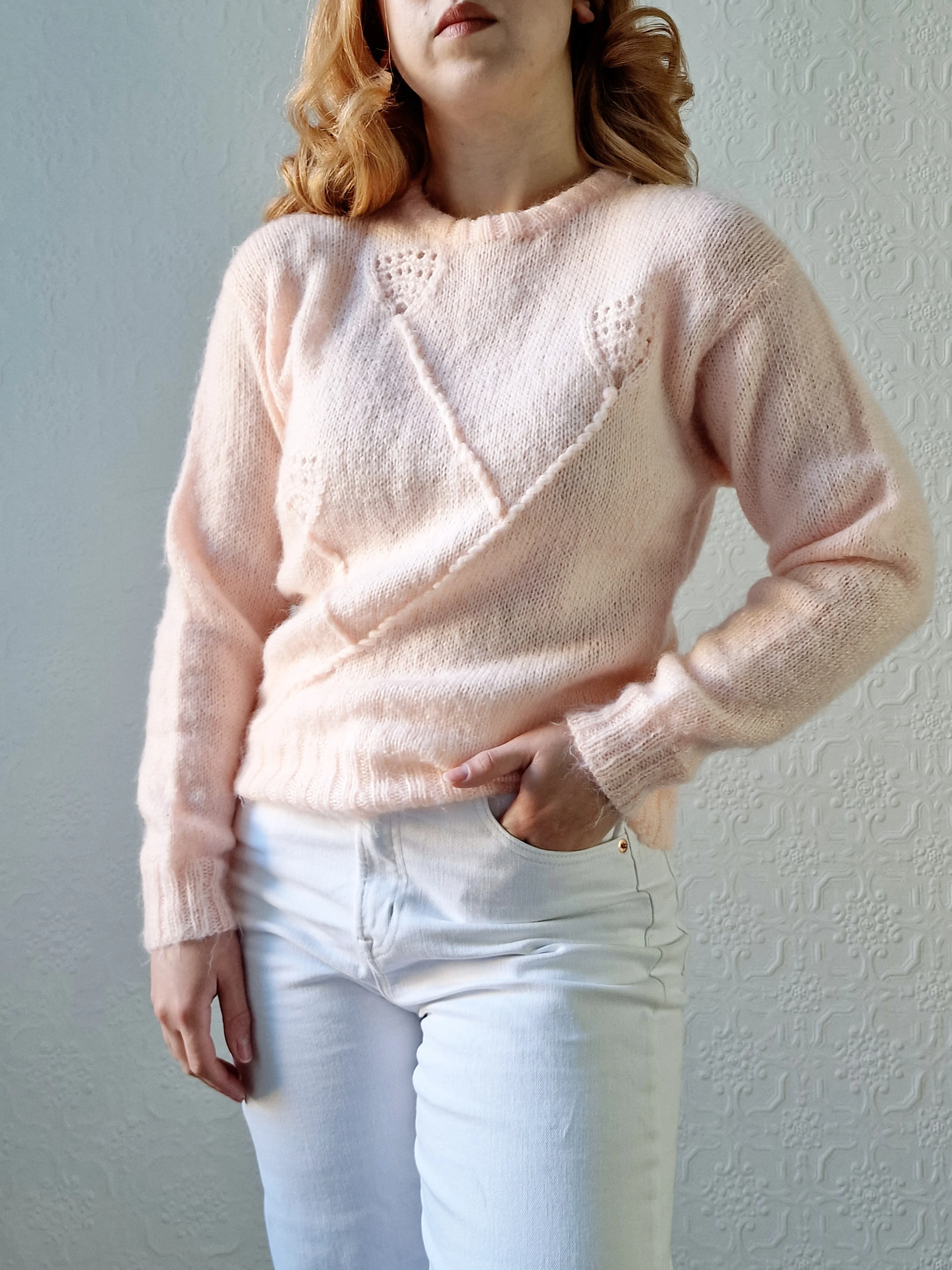 Vintage 80s Handknitted Light Peach Mohair Jumper with Crew Neck - S - Image 2