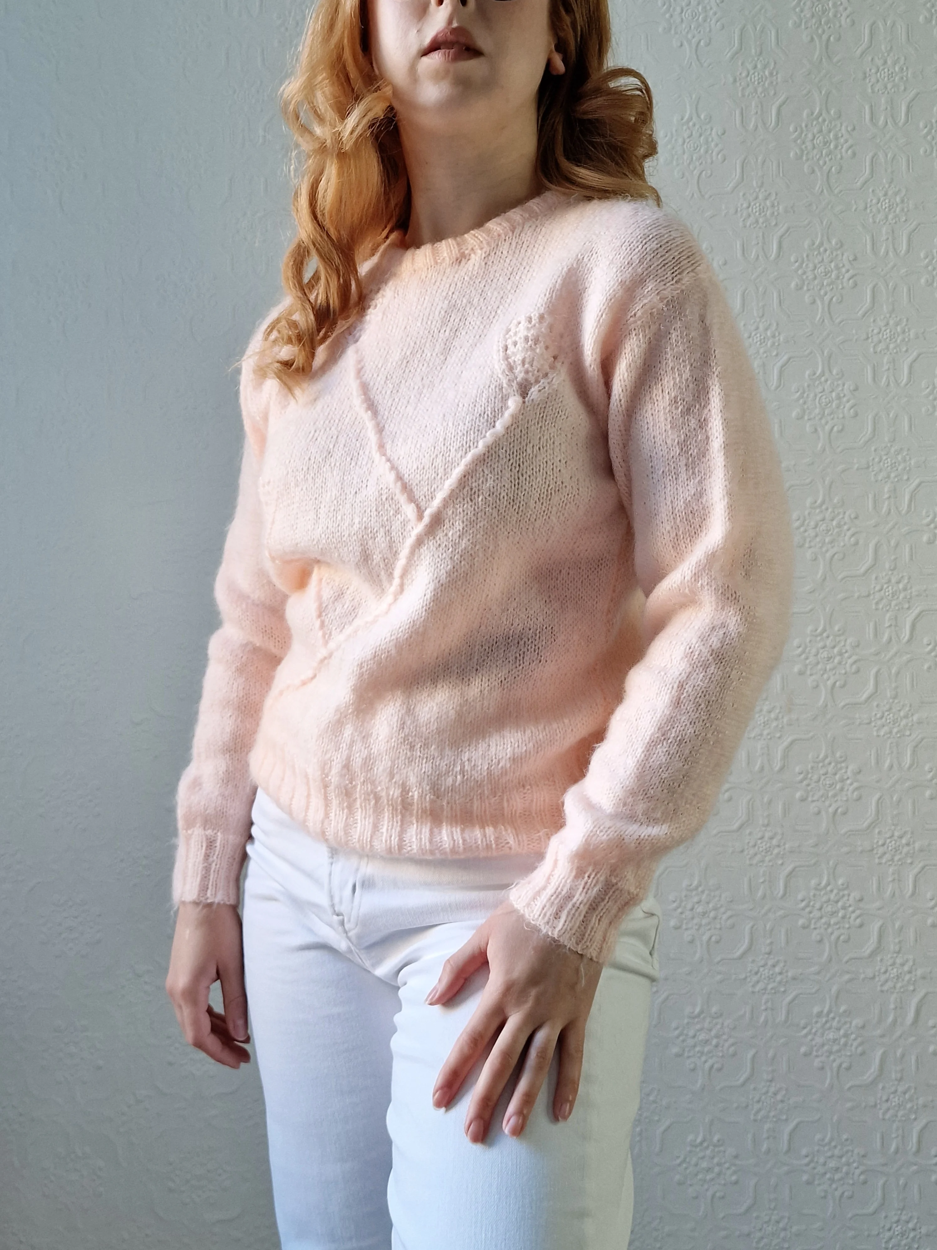 Vintage 80s Handknitted Light Peach Mohair Jumper with Crew Neck - S - Image 3