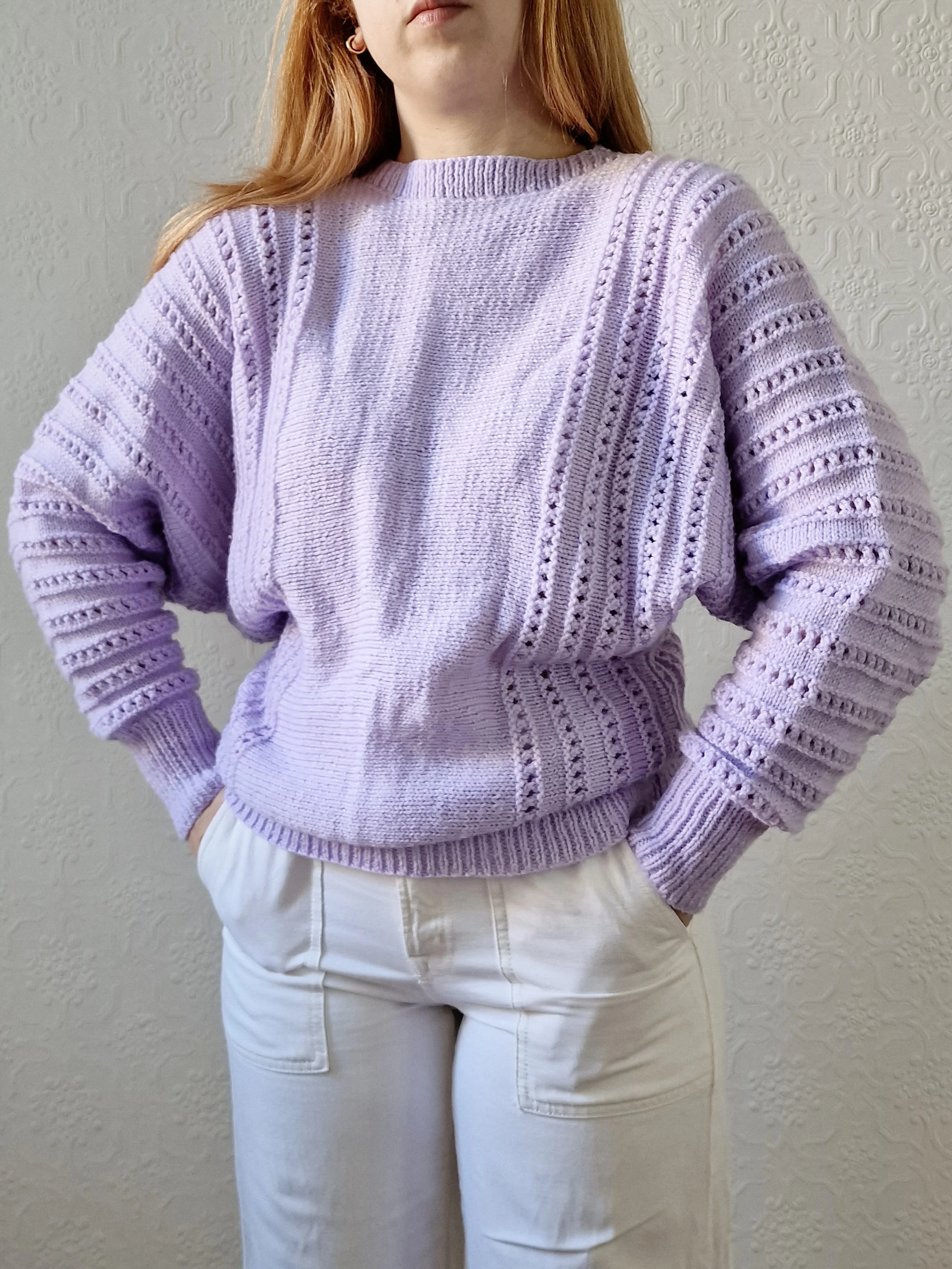 Vintage 80s Handknitted Lilac Purple Batwing Jumper with Crew Neck - S/M - Image 2