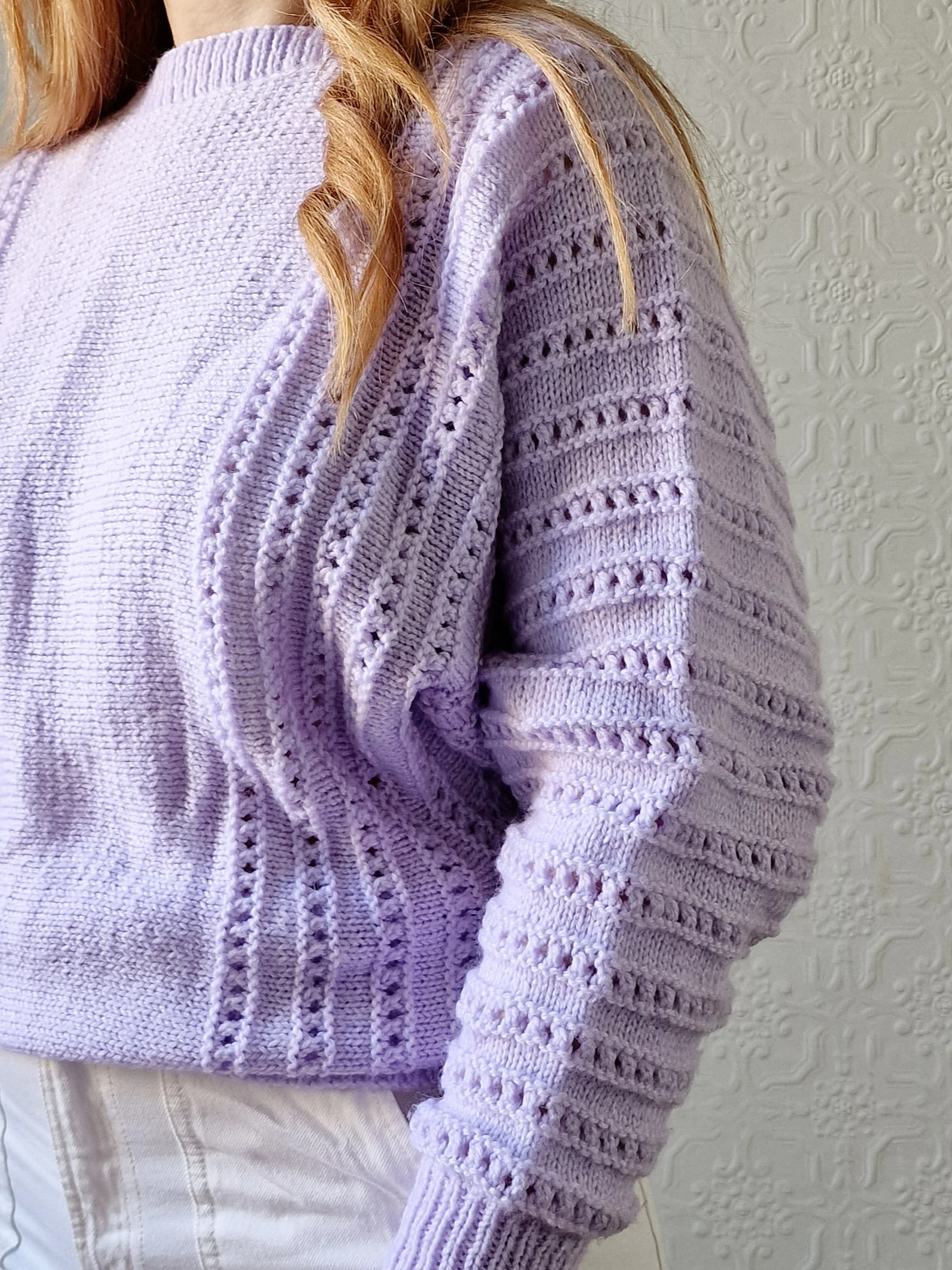 Vintage 80s Handknitted Lilac Purple Batwing Jumper with Crew Neck - S/M - Image 3