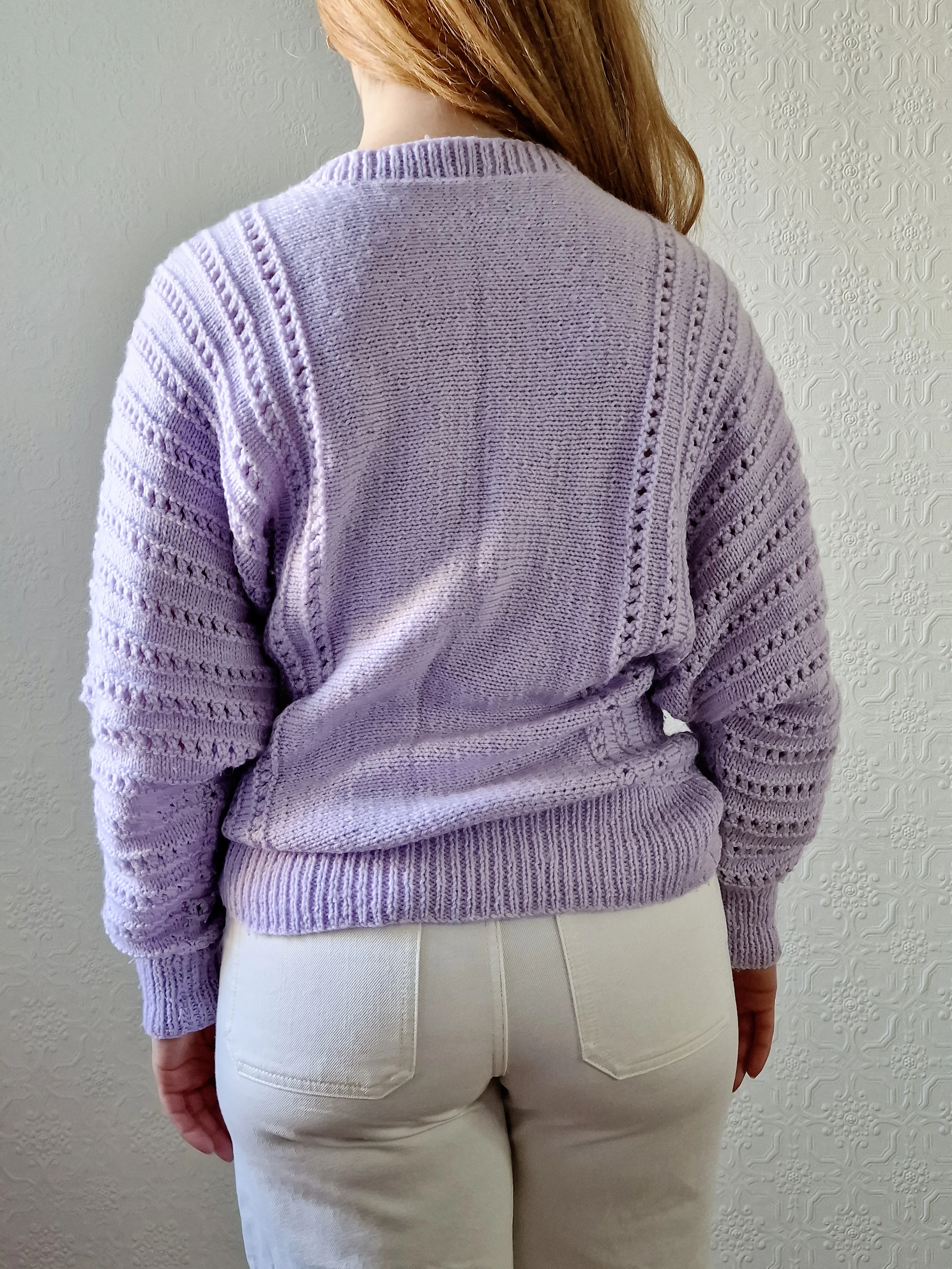 Vintage 80s Handknitted Lilac Purple Batwing Jumper with Crew Neck - S/M - Image 4