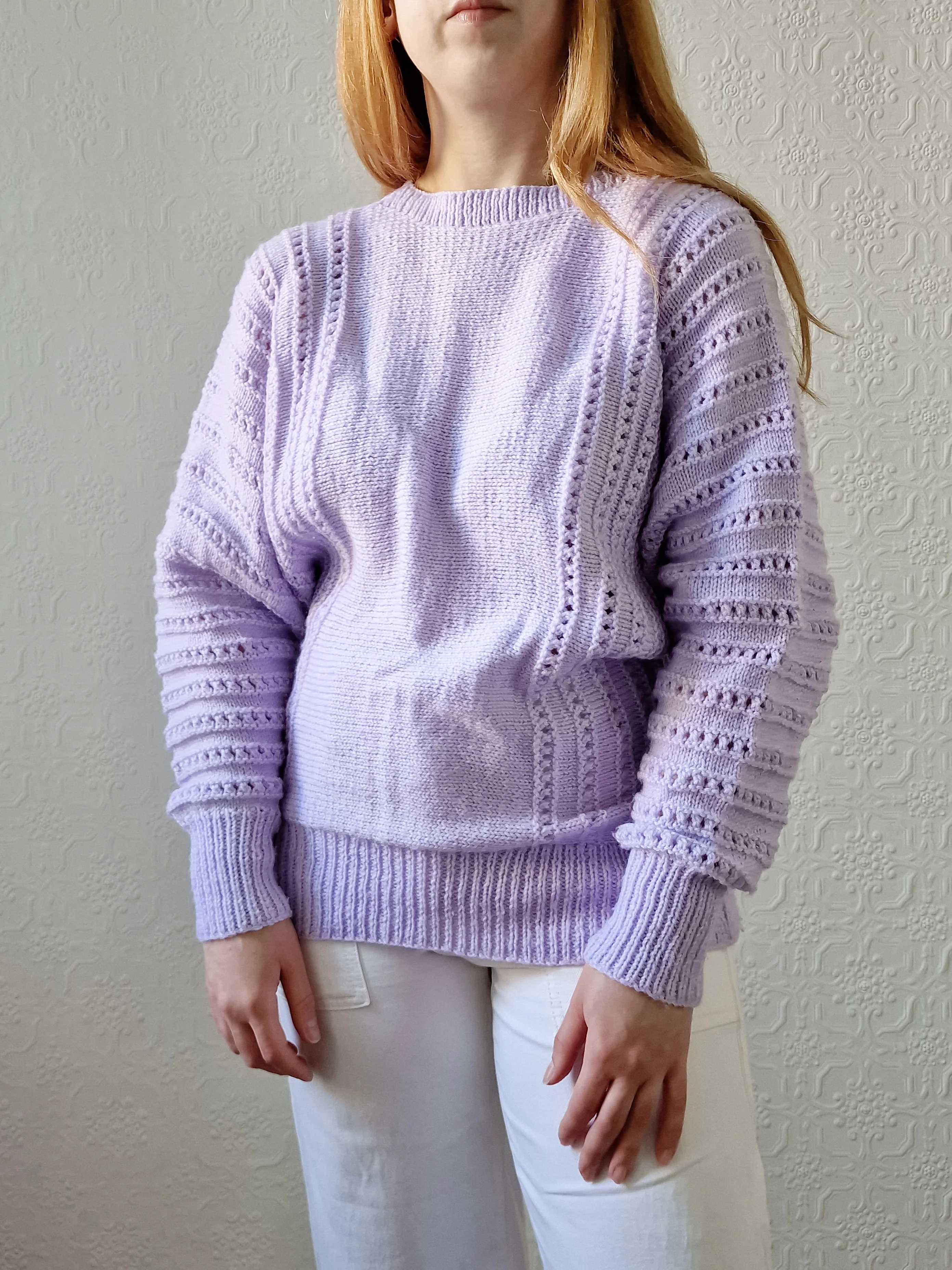Vintage 80s Handknitted Lilac Purple Batwing Jumper with Crew Neck - S/M - Image 5
