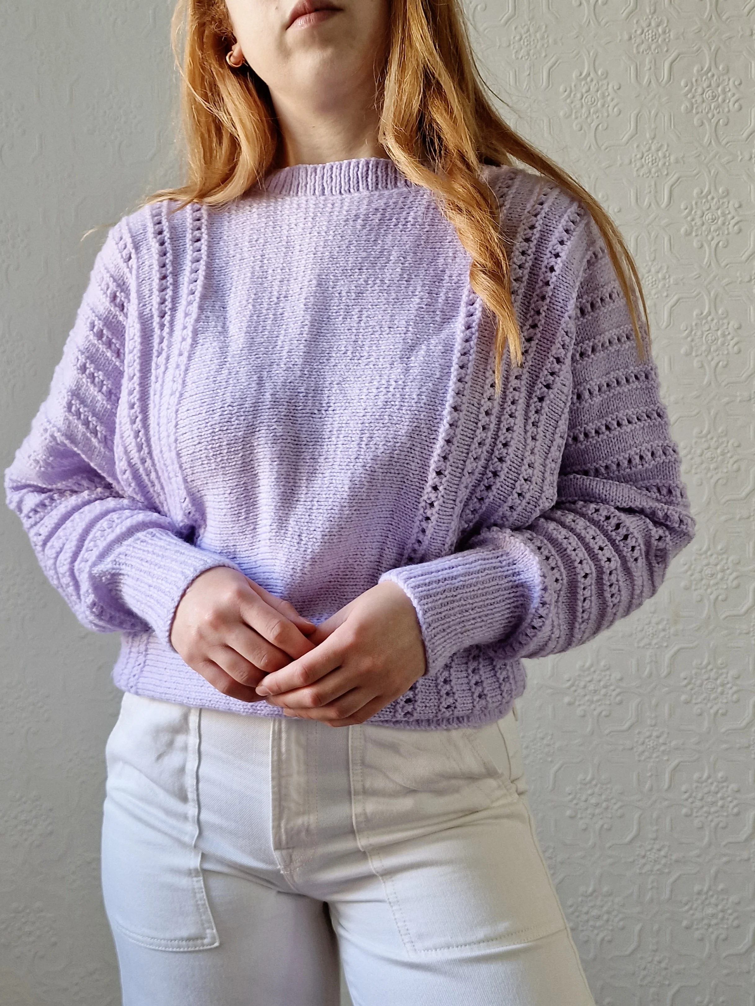 Vintage 80s Handknitted Lilac Purple Batwing Jumper with Crew Neck - S/M - Image 6