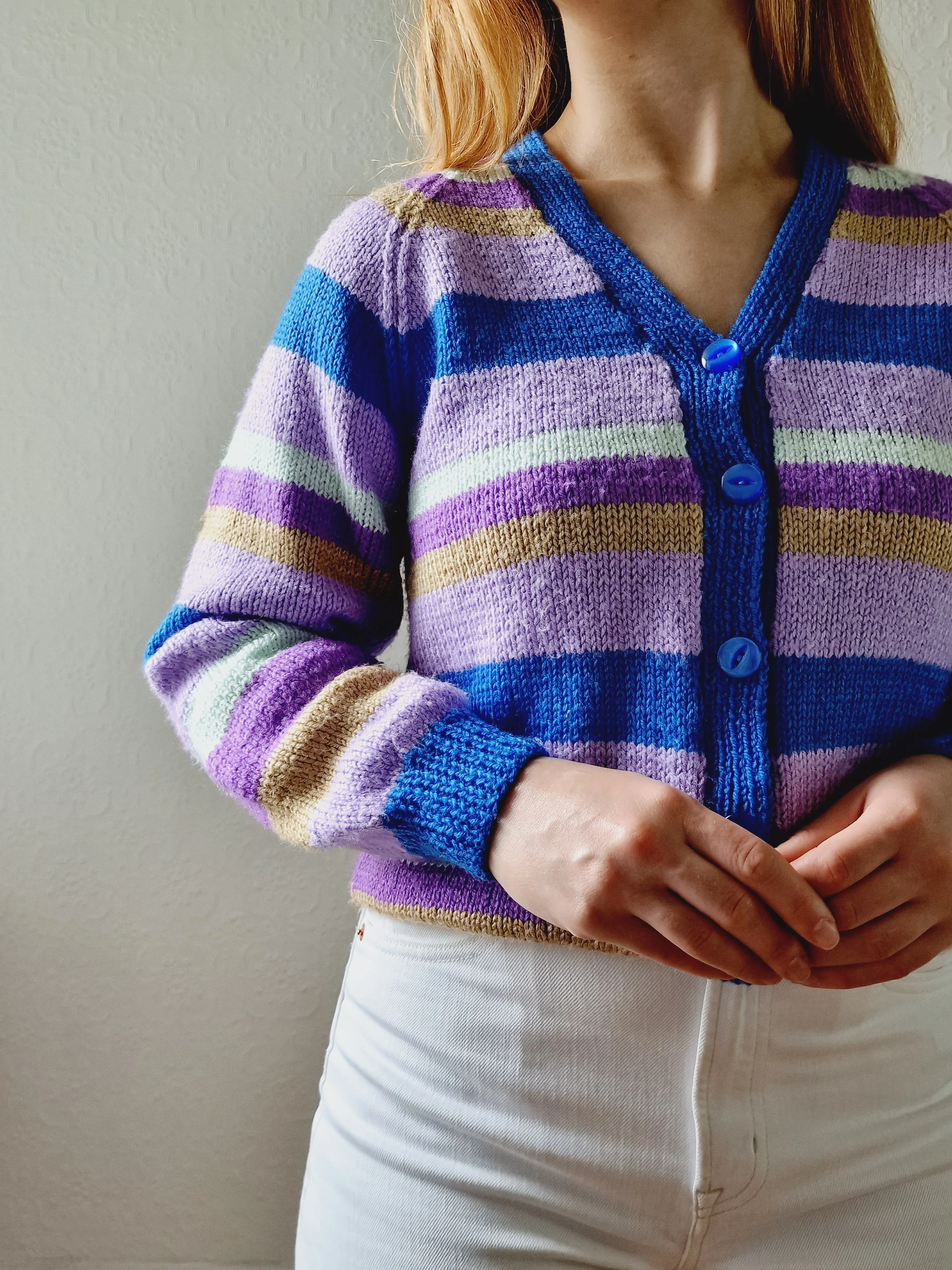 Vintage 80s Handknitted Multicolour Striped V-Neck Cardigan - S/M - Image 3