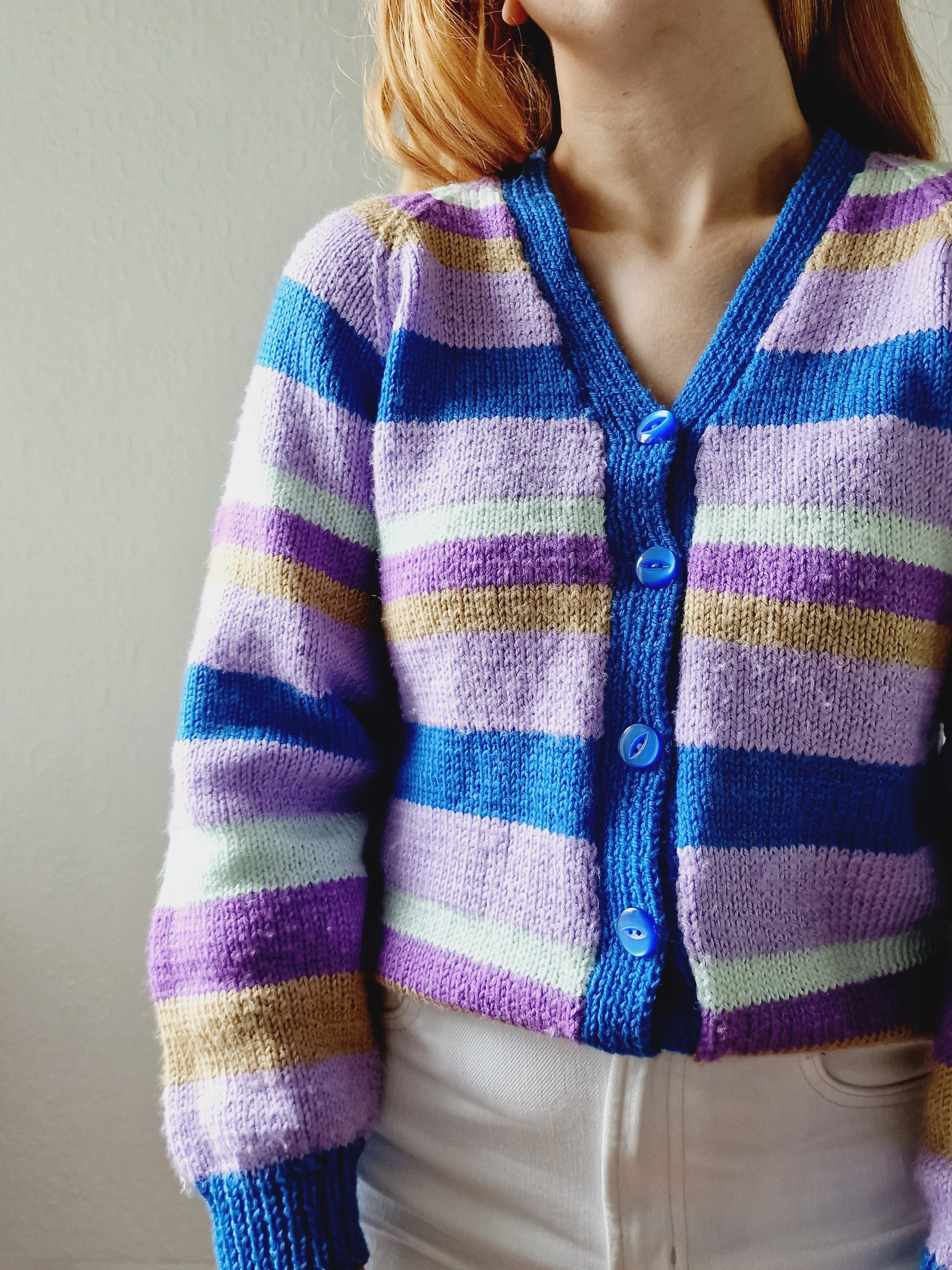 Vintage 80s Handknitted Multicolour Striped V-Neck Cardigan - S/M - Image 4