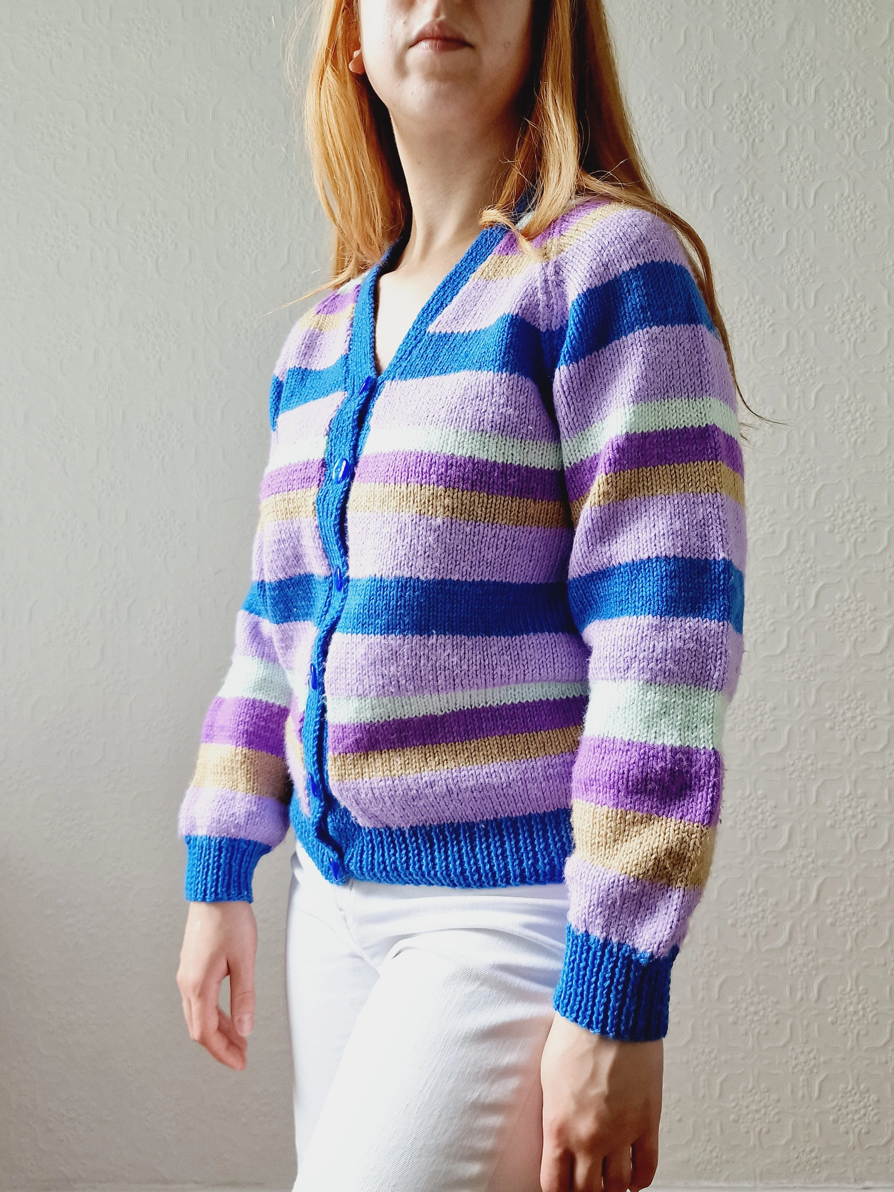 Vintage 80s Handknitted Multicolour Striped V-Neck Cardigan - S/M - Image 6