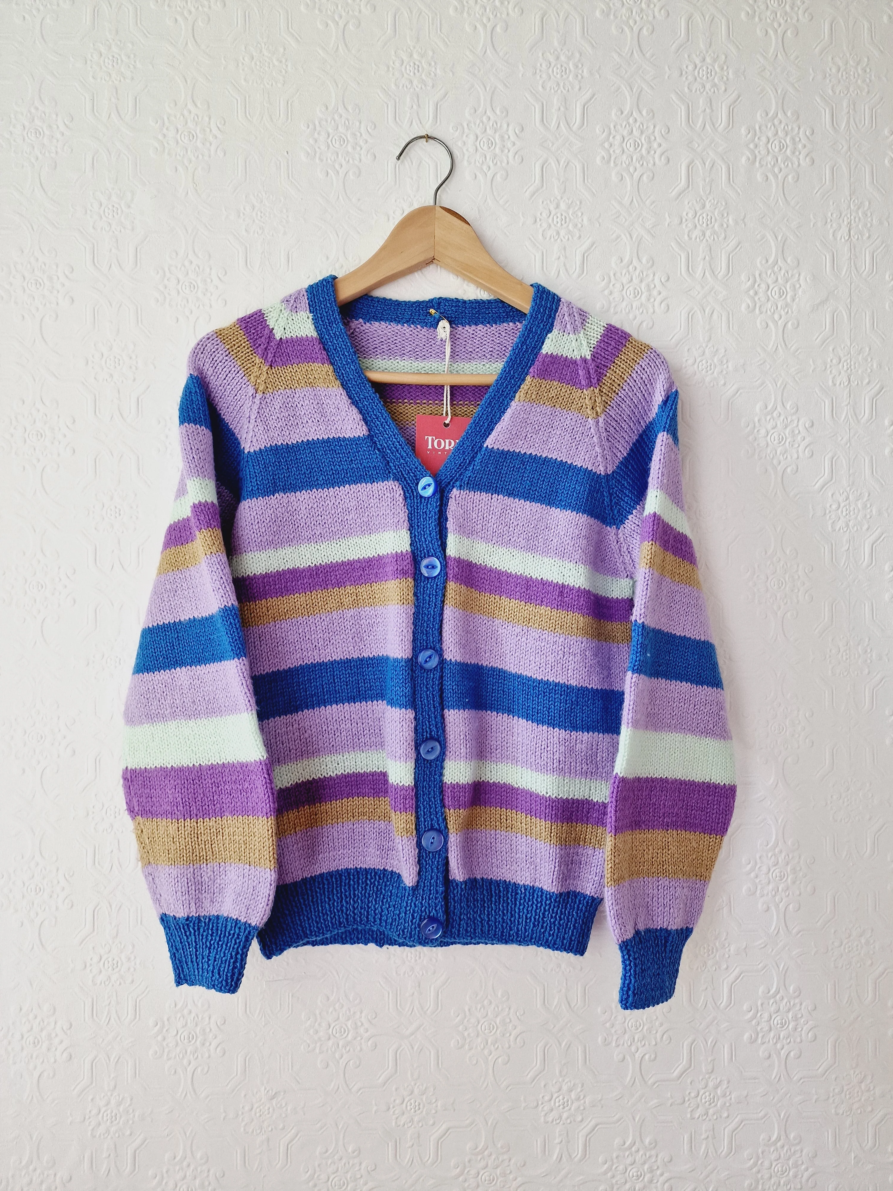 Vintage 80s Handknitted Multicolour Striped V-Neck Cardigan - S/M - Image 7