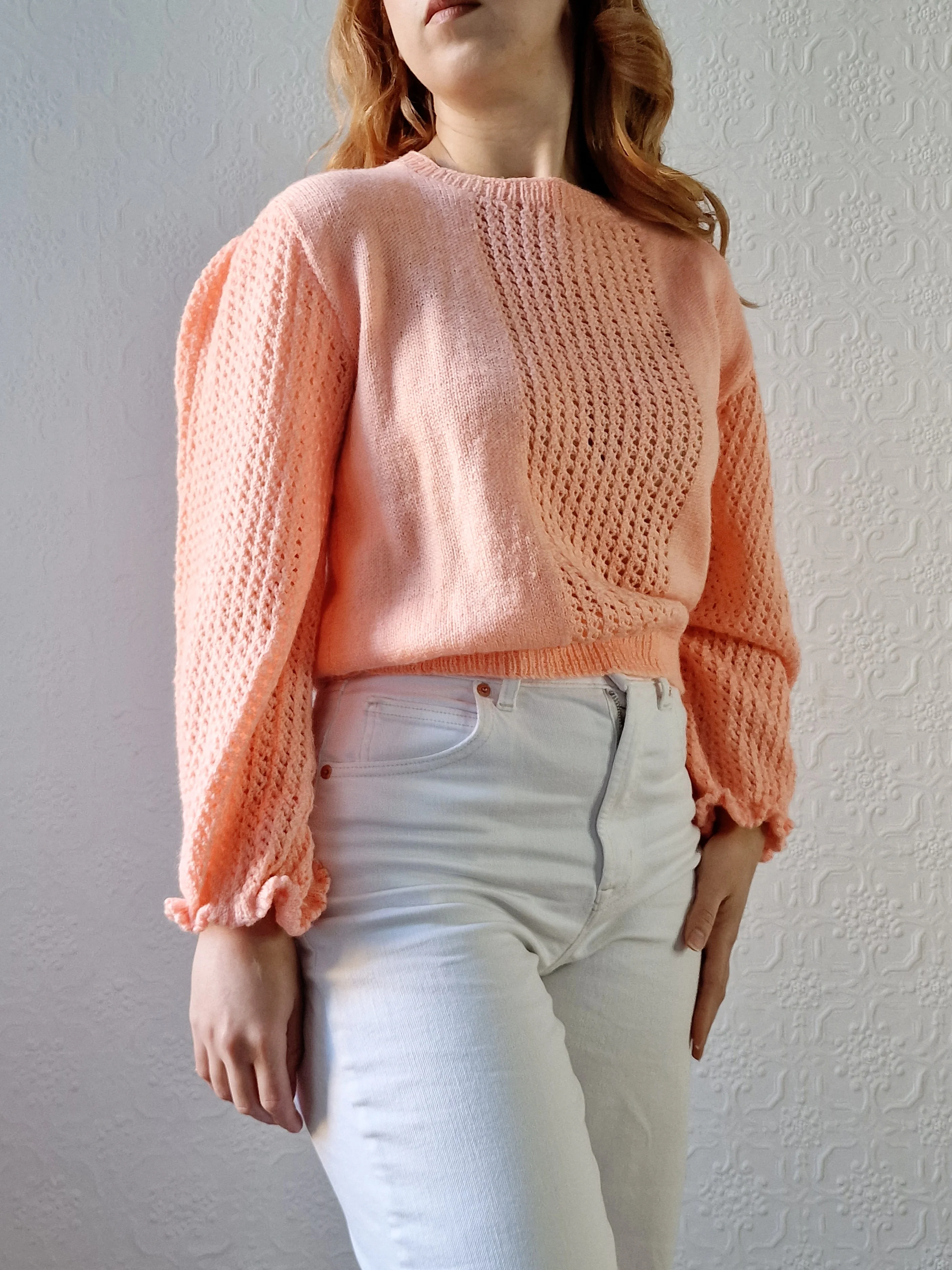 Vintage 80s Handknitted Peach Jumper with Crew Neck - M - Image 6
