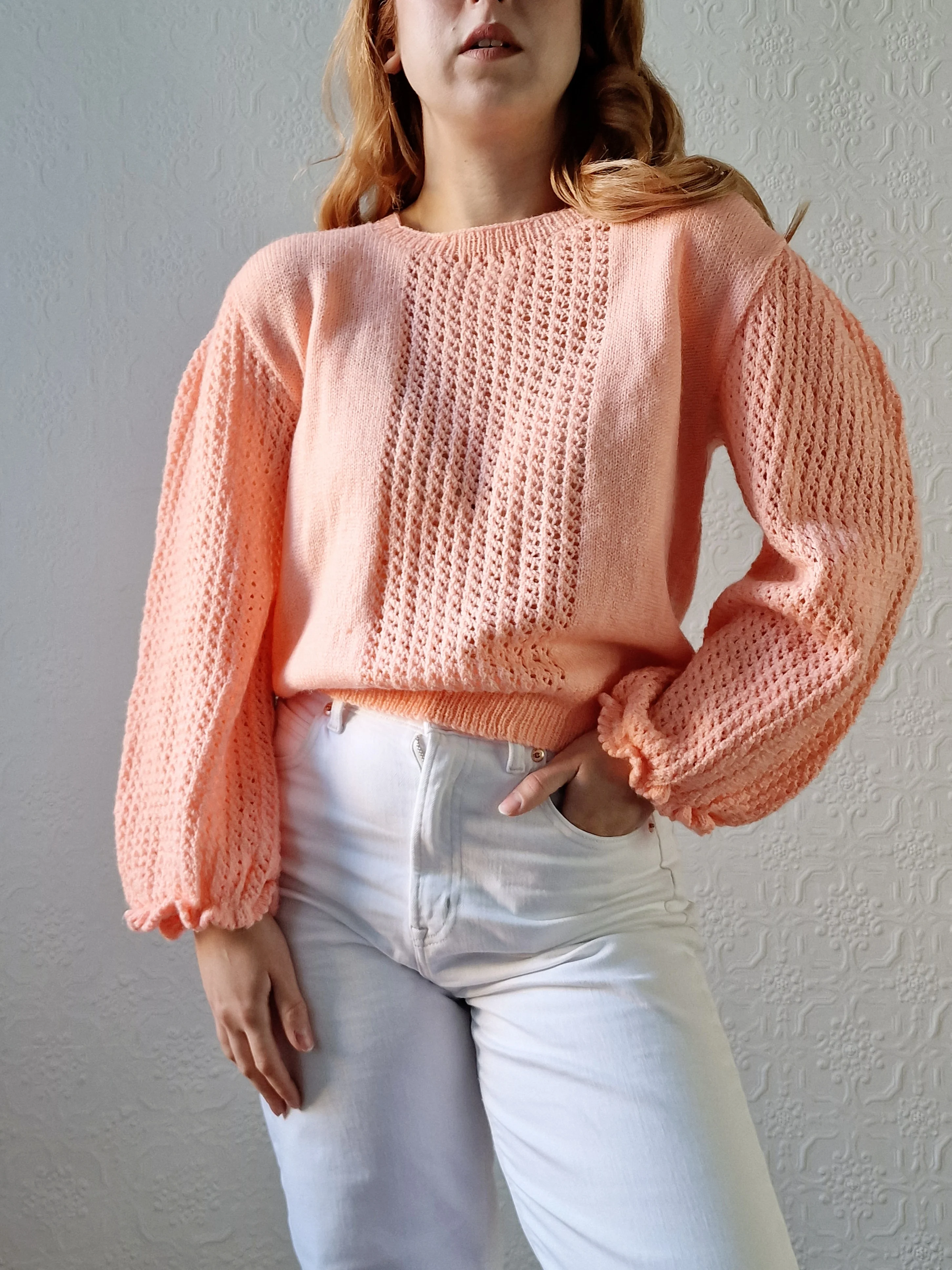 Vintage 80s Handknitted Peach Jumper with Crew Neck - M - Image 7