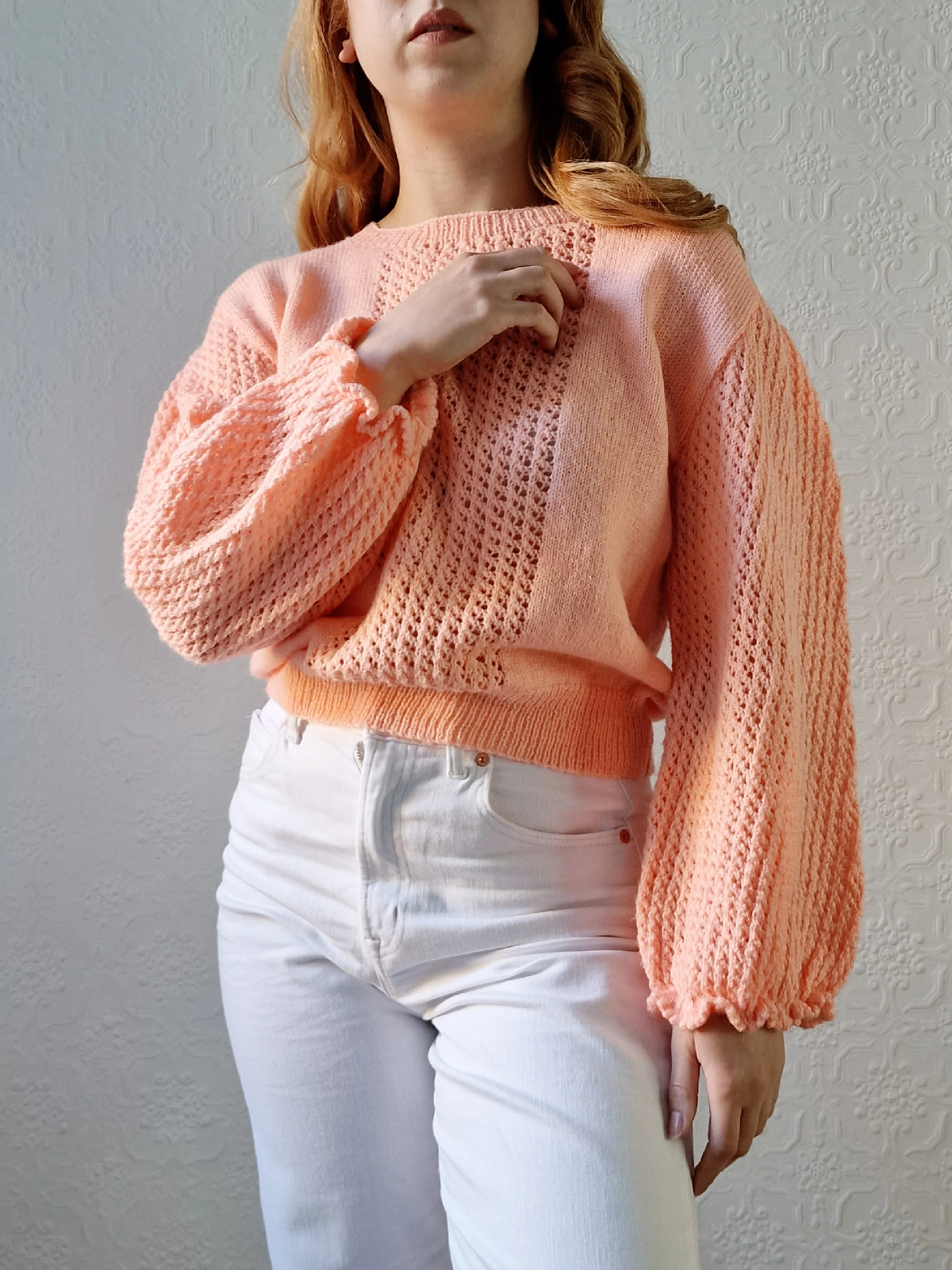 Vintage 80s Handknitted Peach Jumper with Crew Neck - M - Image 8