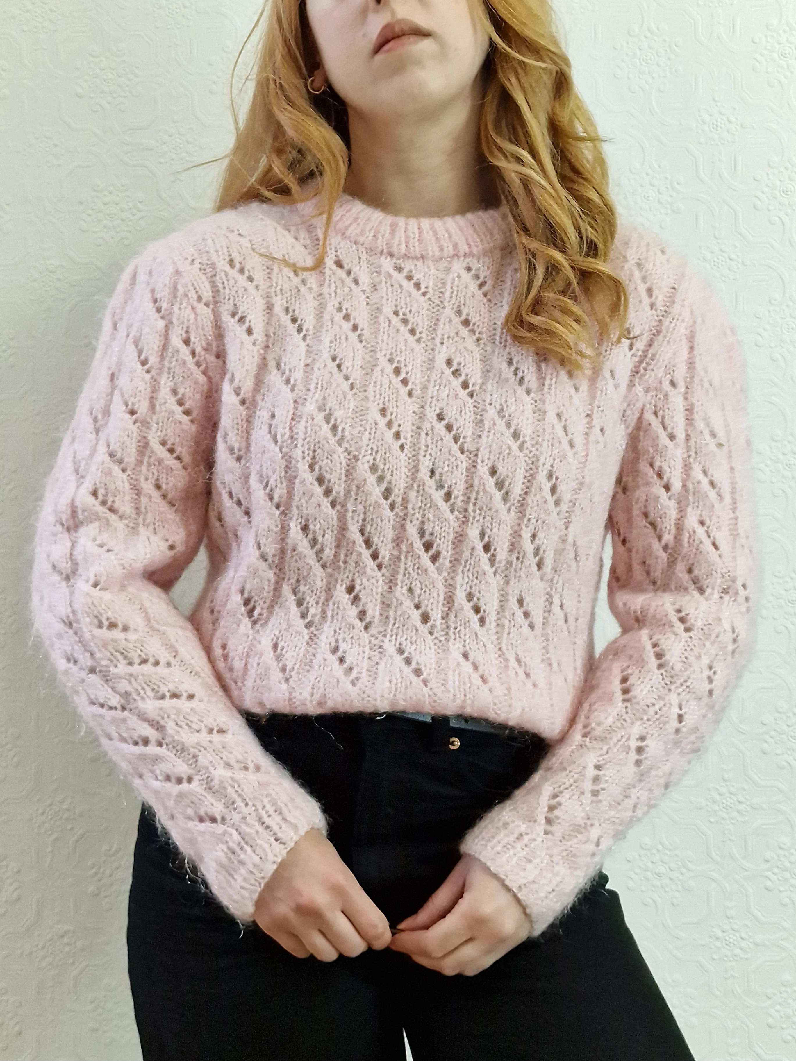Vintage 80s Handknitted Pink Mohair Jumper with Crew Neck - S/M
