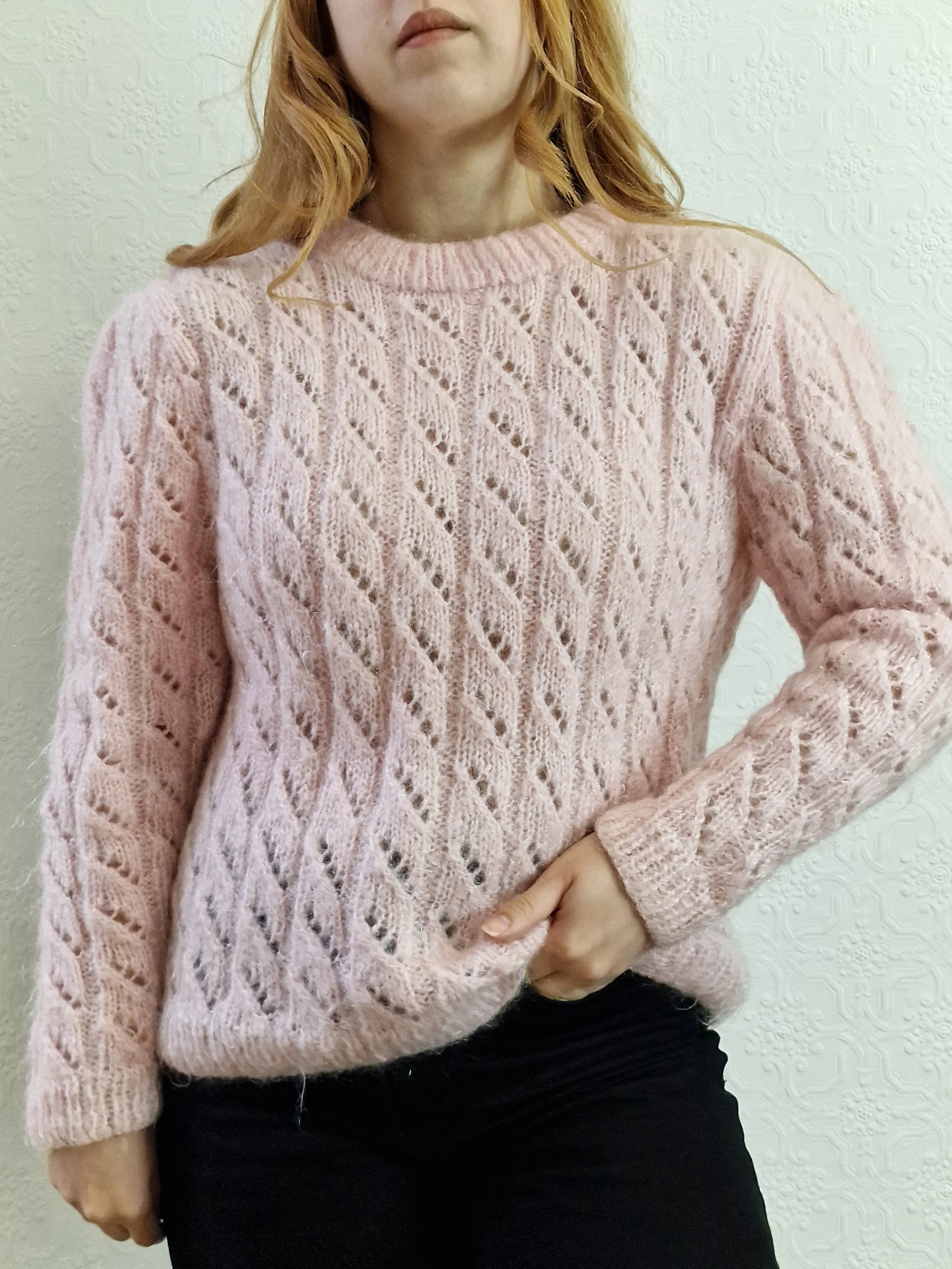 Vintage 80s Handknitted Pink Mohair Jumper with Crew Neck - S/M - Image 2