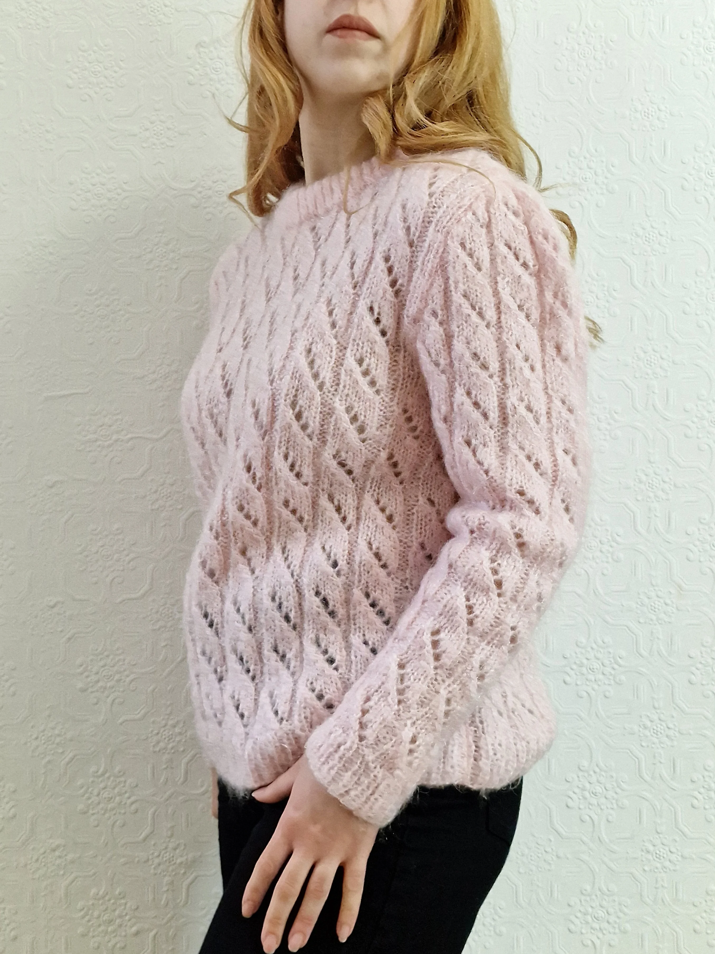 Vintage 80s Handknitted Pink Mohair Jumper with Crew Neck - S/M - Image 3