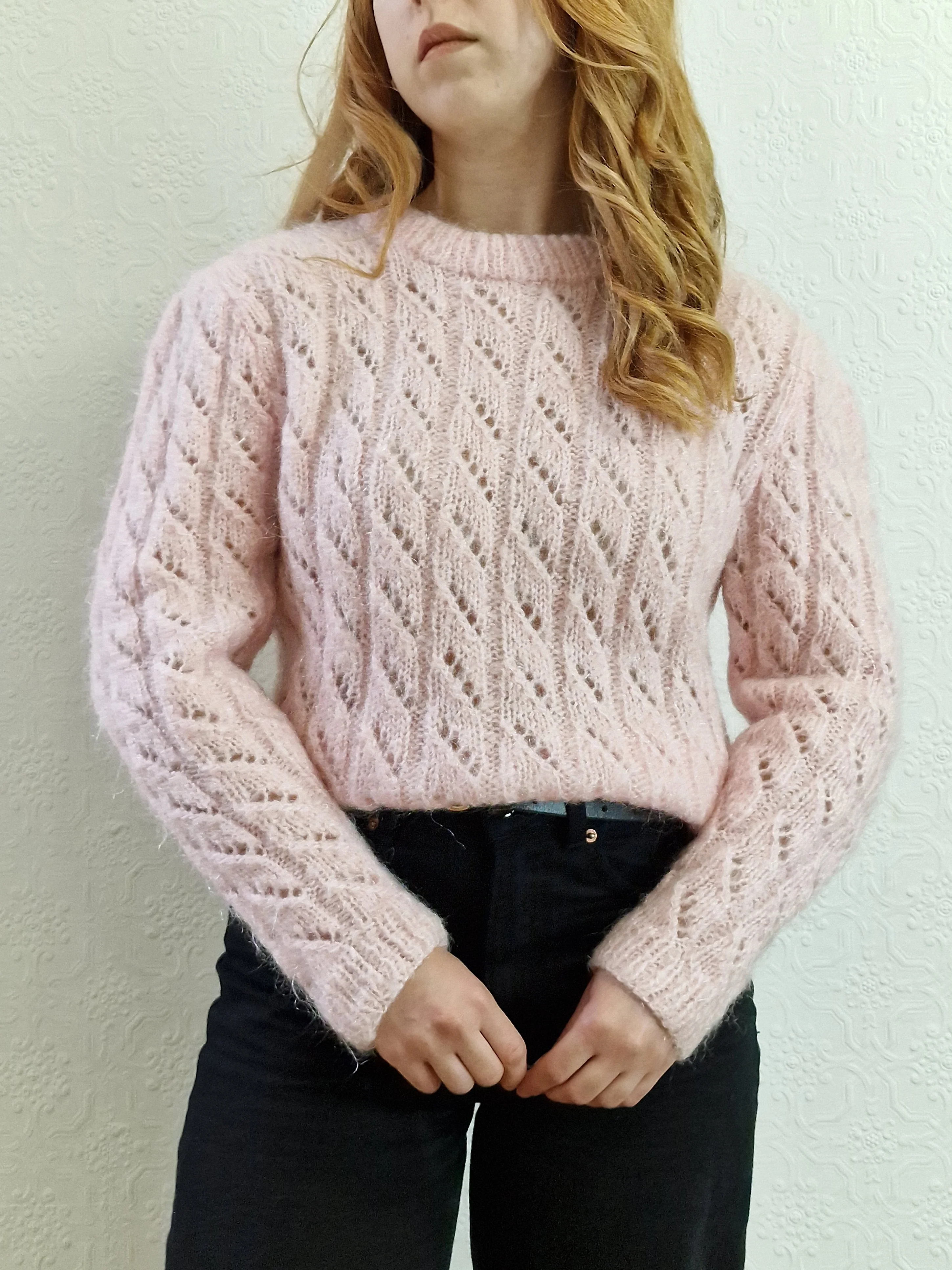 Vintage 80s Handknitted Pink Mohair Jumper with Crew Neck - S/M - Image 4
