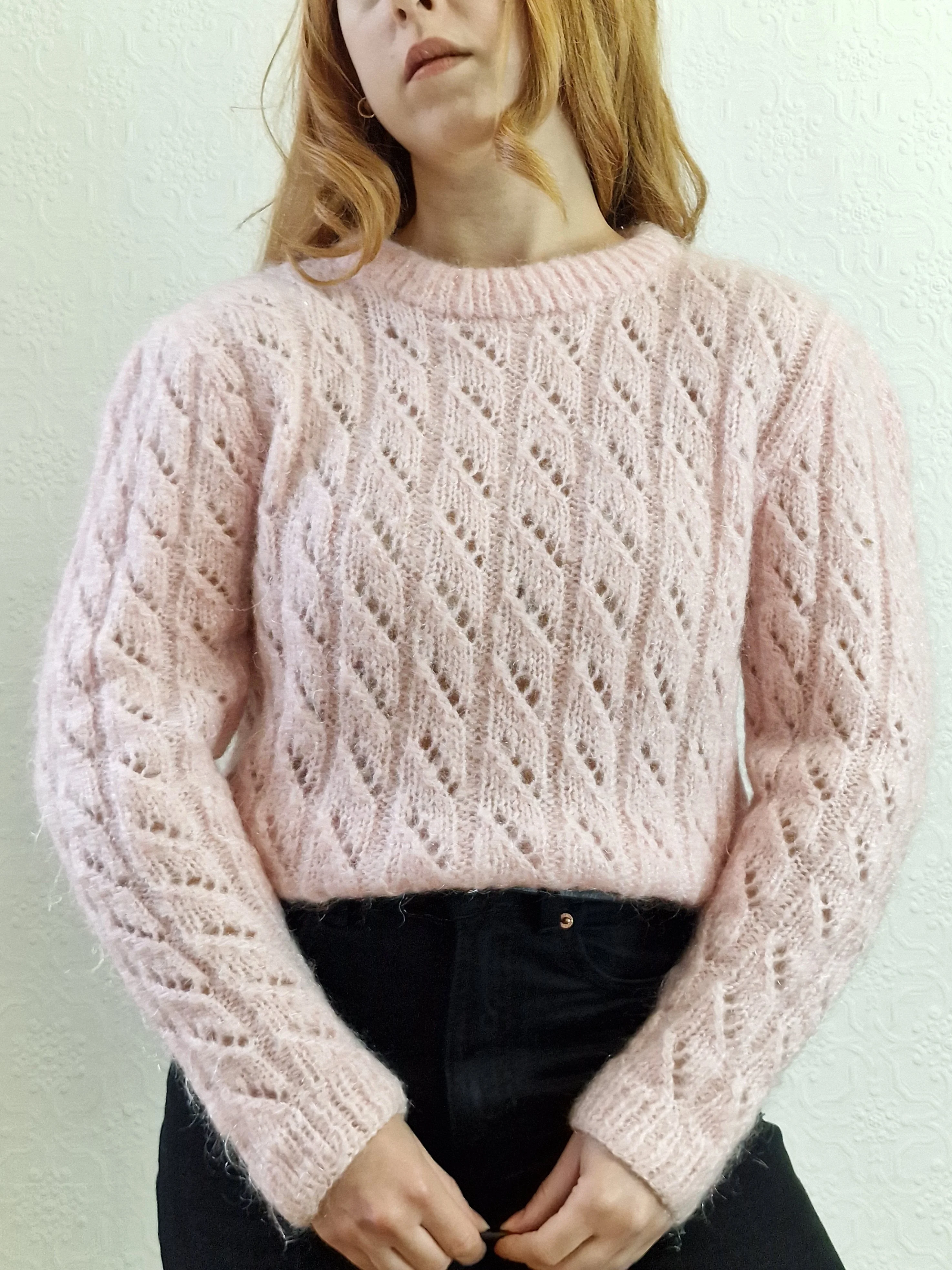 Vintage 80s Handknitted Pink Mohair Jumper with Crew Neck - S/M - Image 6