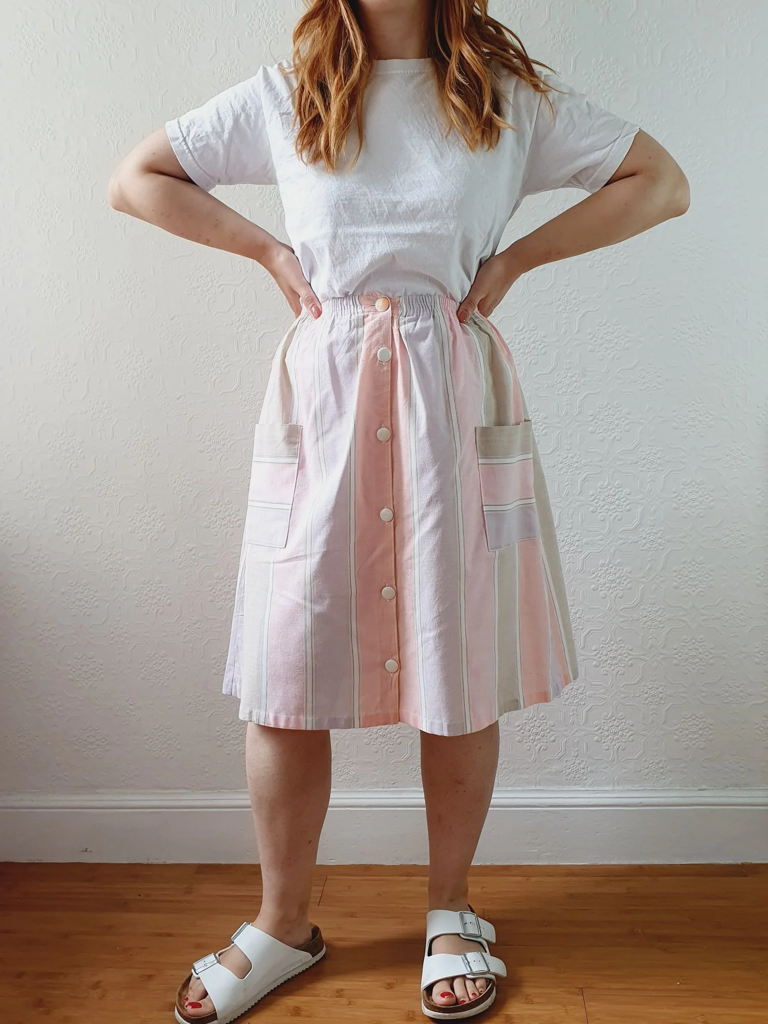 Vintage 80s High Waisted Pastel Pink Striped Skirt with Pockets - XS/S