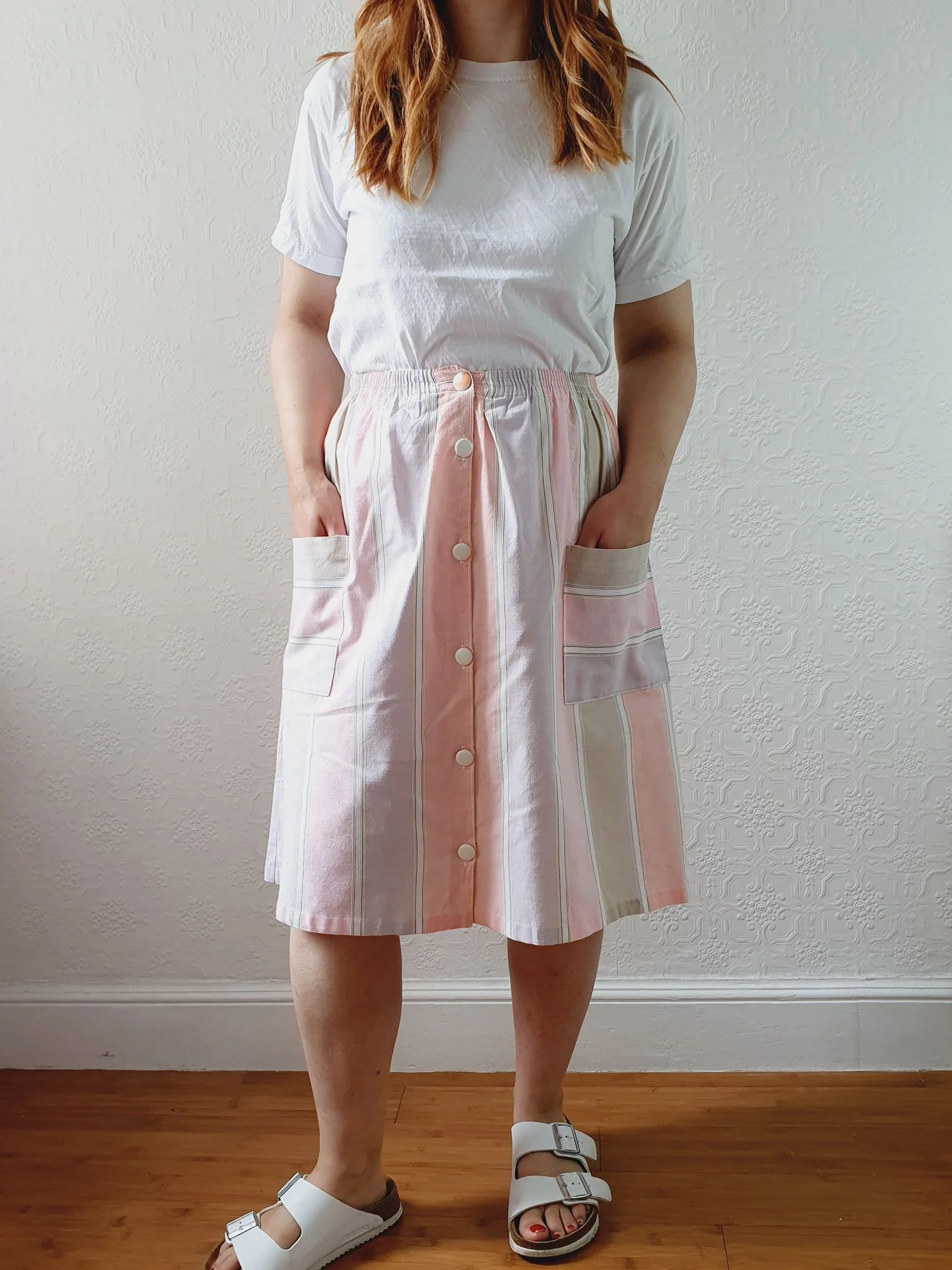Vintage 80s High Waisted Pastel Pink Striped Skirt with Pockets - XS/S - Image 2