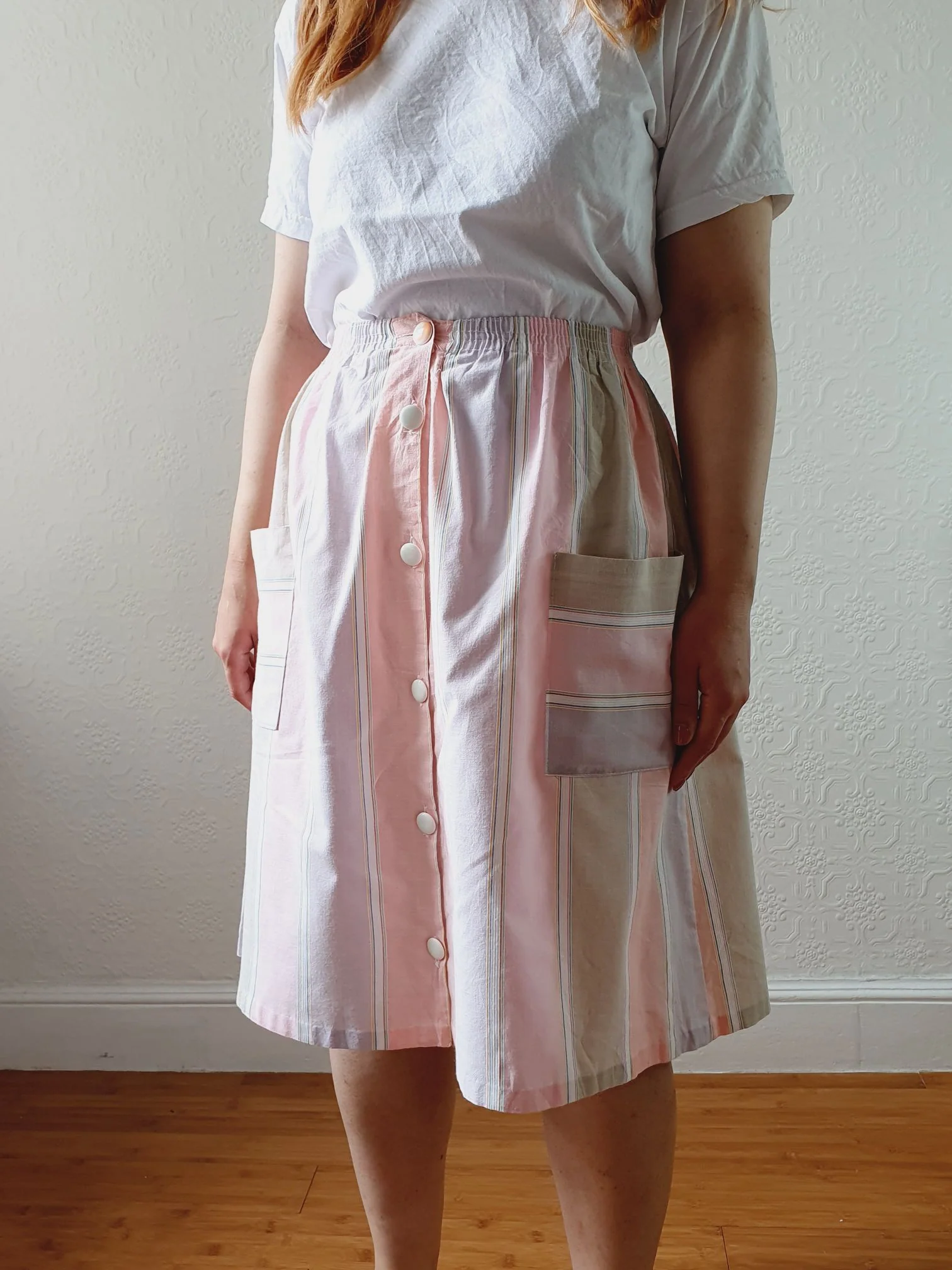 Vintage 80s High Waisted Pastel Pink Striped Skirt with Pockets - XS/S - Image 6