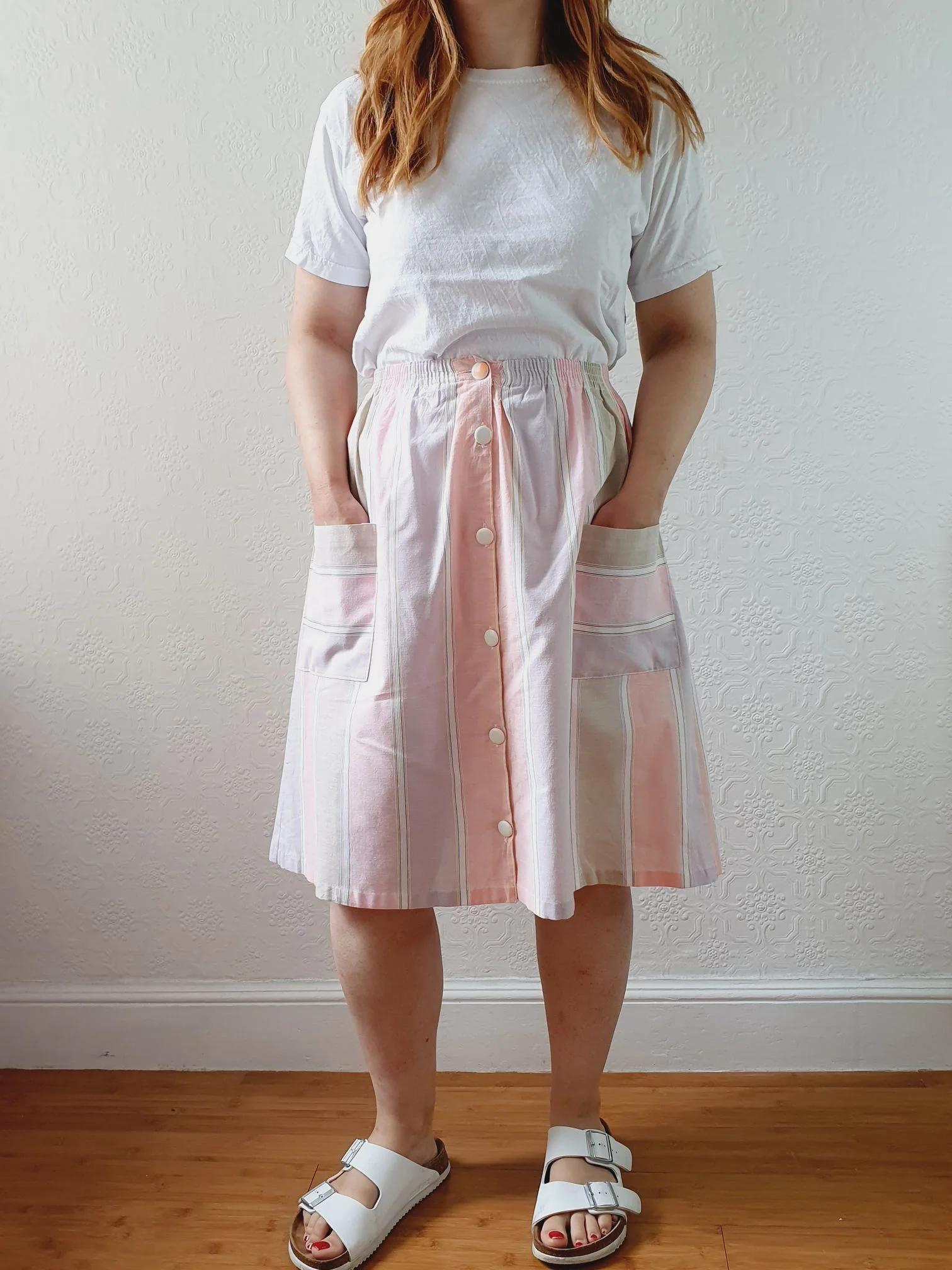 Vintage 80s High Waisted Pastel Pink Striped Skirt with Pockets - XS/S - Image 7