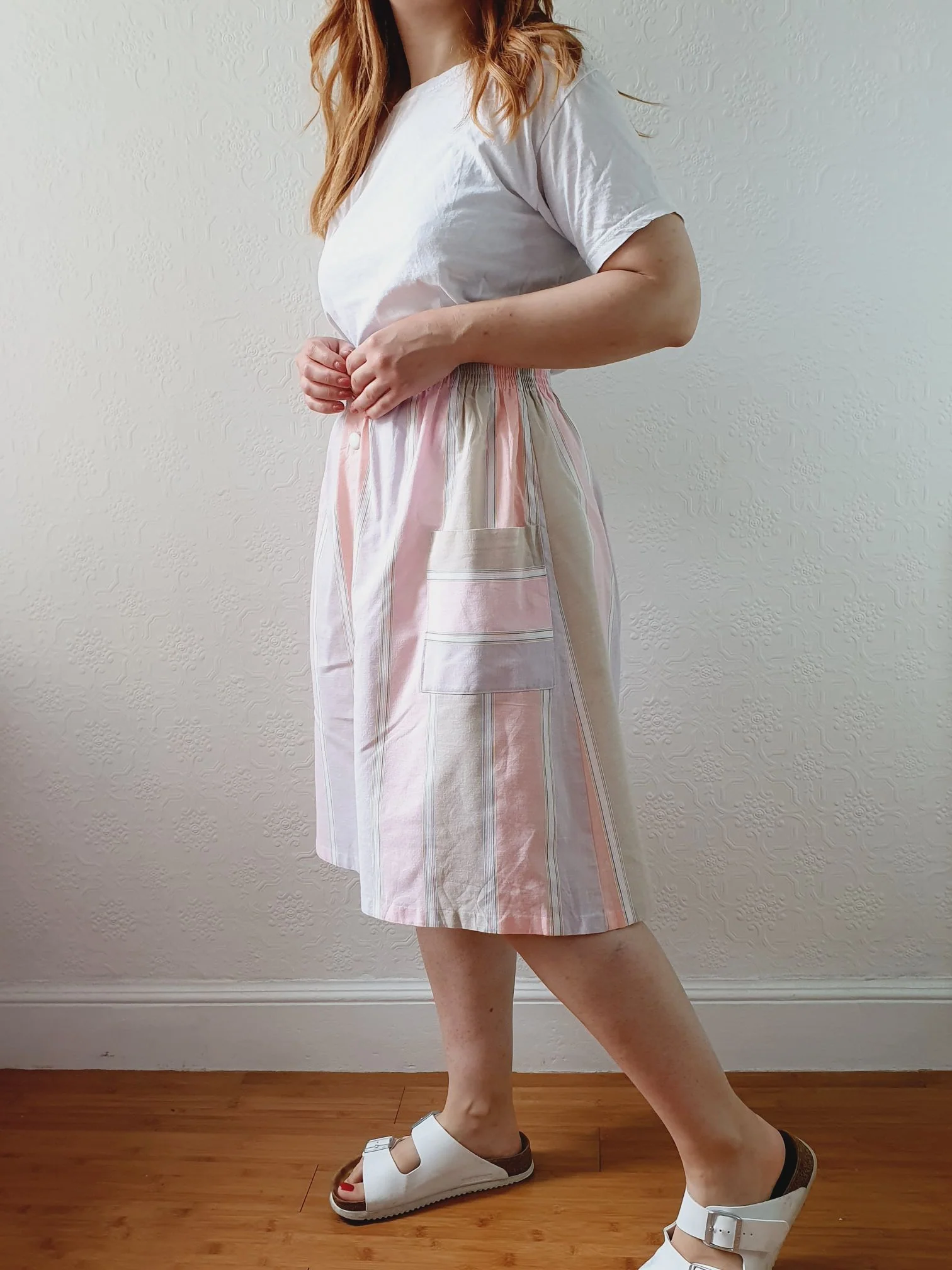 Vintage 80s High Waisted Pastel Pink Striped Skirt with Pockets - XS/S - Image 9