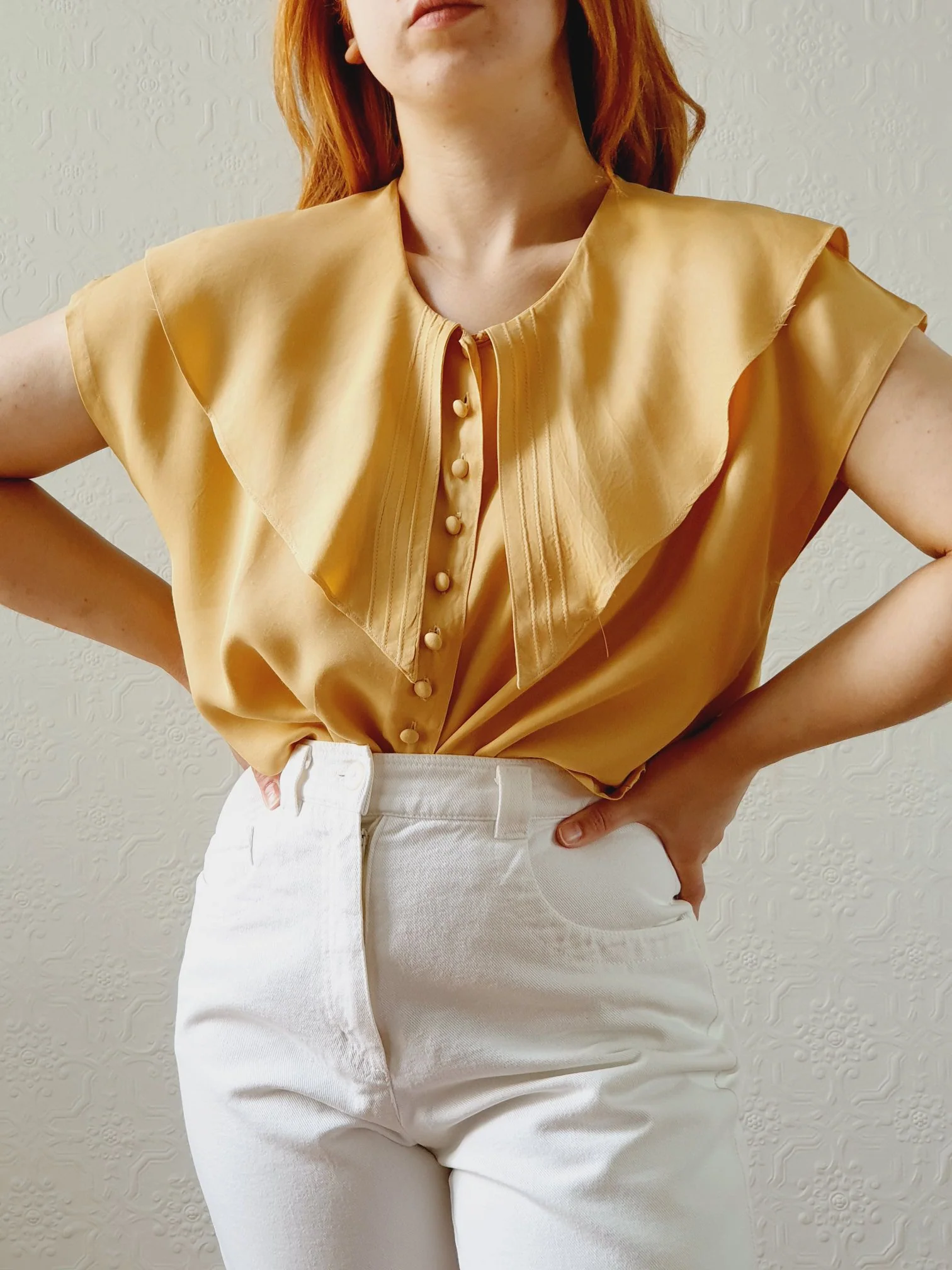 Vintage 80s Honey Yellow Statement Collar Blouse - S/M
