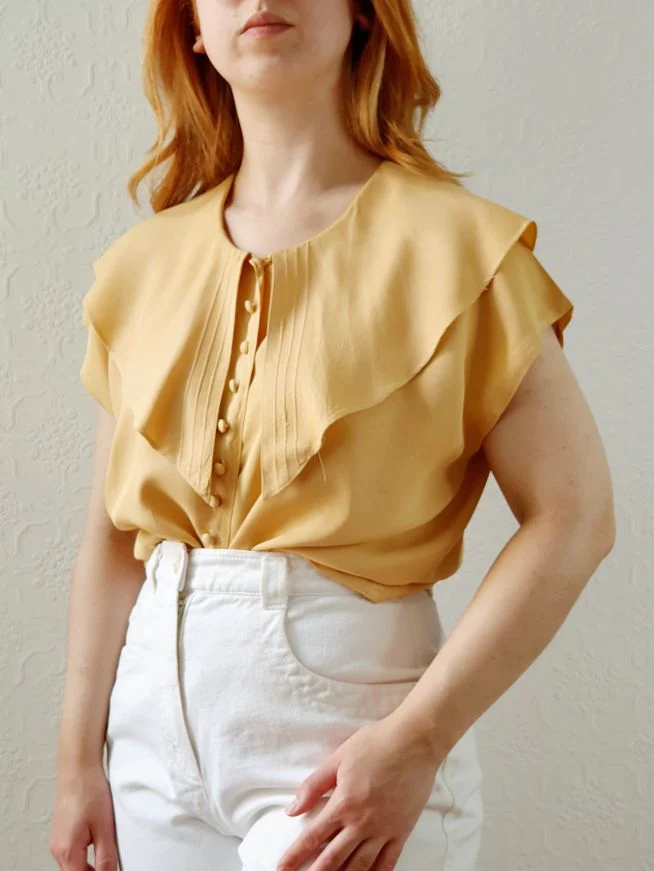 Vintage 80s Honey Yellow Statement Collar Blouse - S/M - Image 2