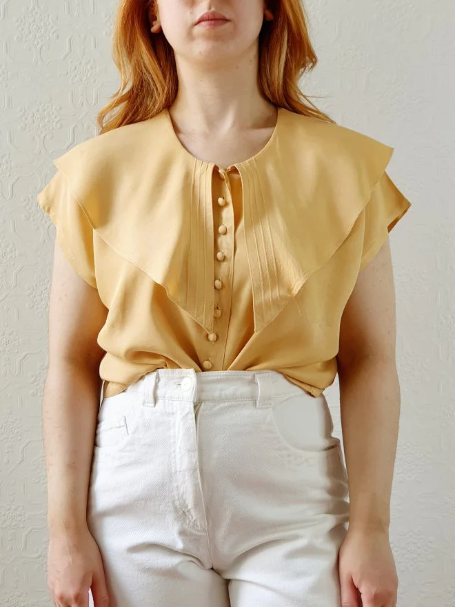 Vintage 80s Honey Yellow Statement Collar Blouse - S/M - Image 3