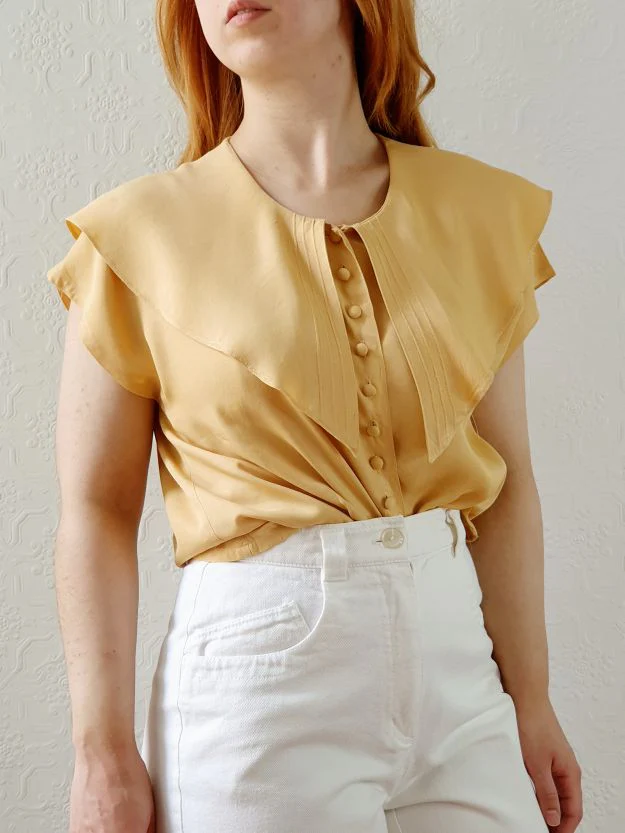 Vintage 80s Honey Yellow Statement Collar Blouse - S/M - Image 7