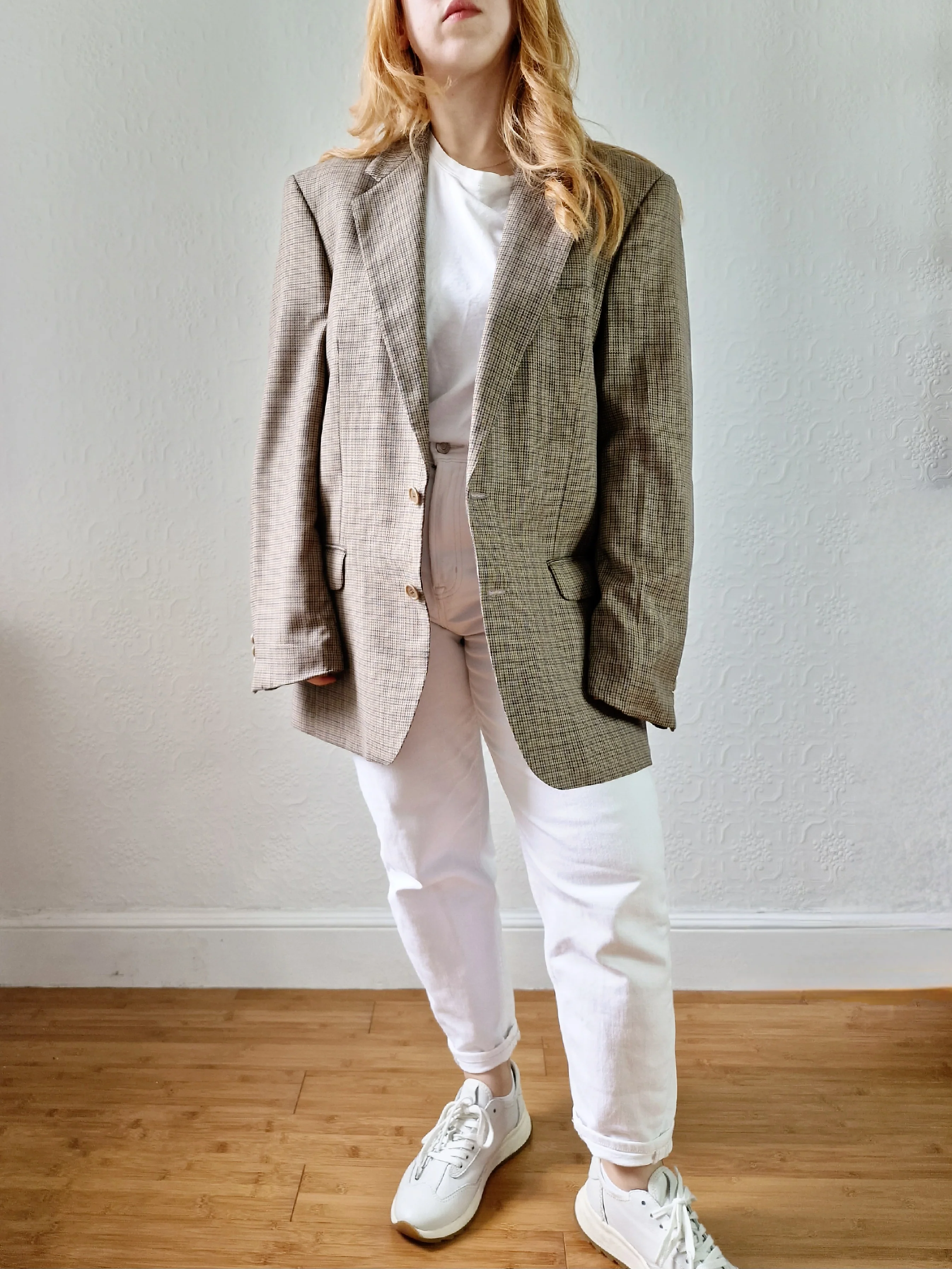 Vintage 80s Khaki Green Houndstooth Wool Blazer - M - Image 2