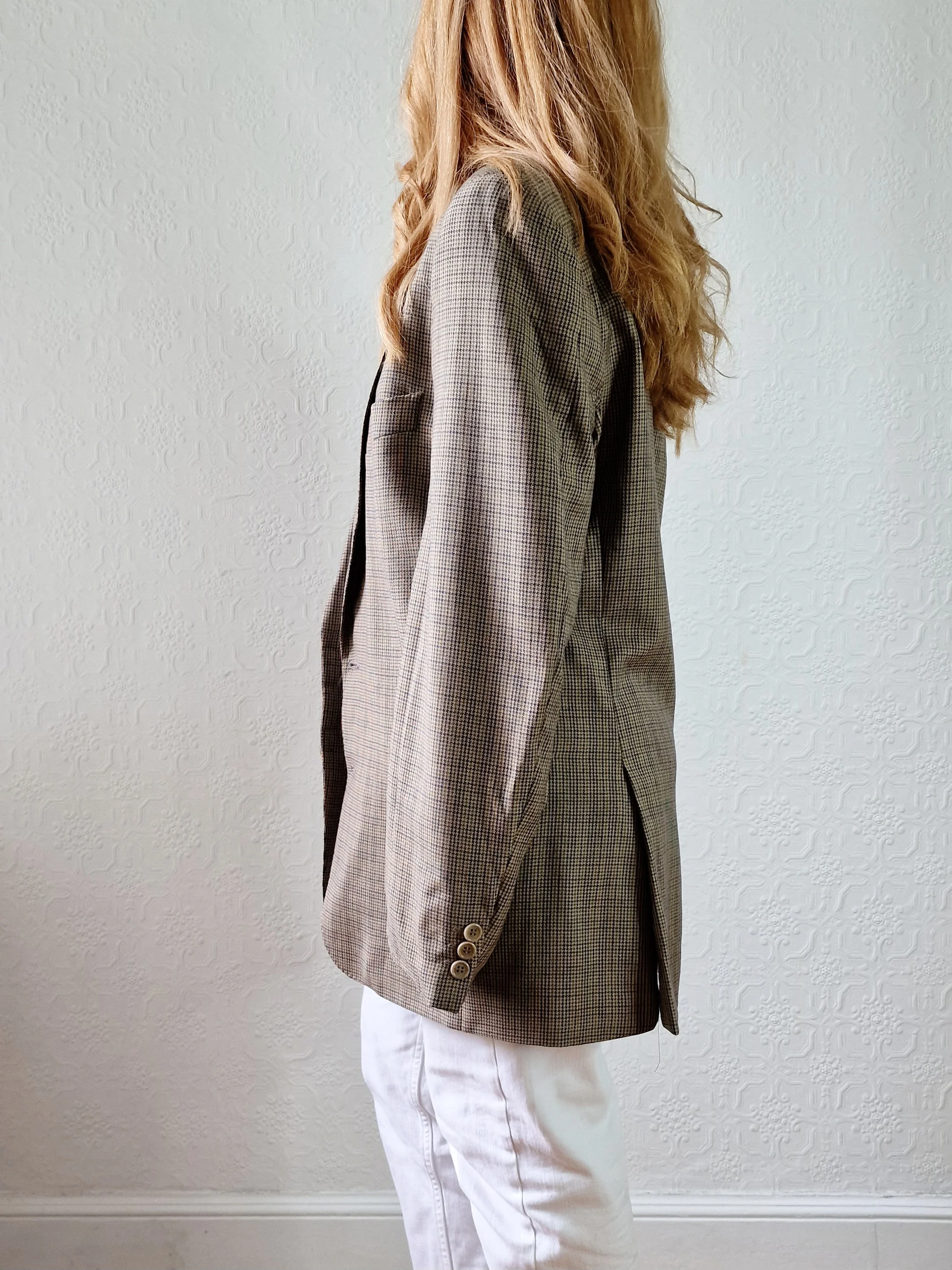 Vintage 80s Khaki Green Houndstooth Wool Blazer - M - Image 3