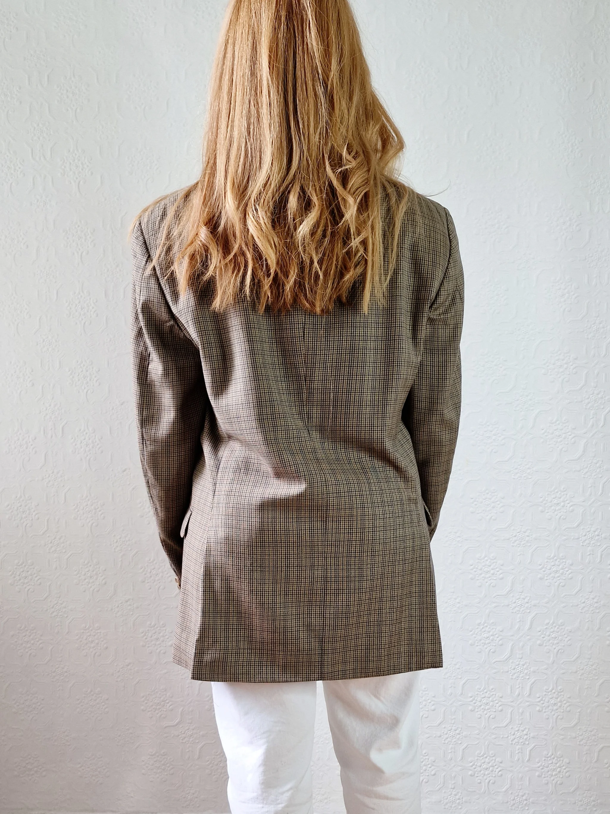 Vintage 80s Khaki Green Houndstooth Wool Blazer - M - Image 4