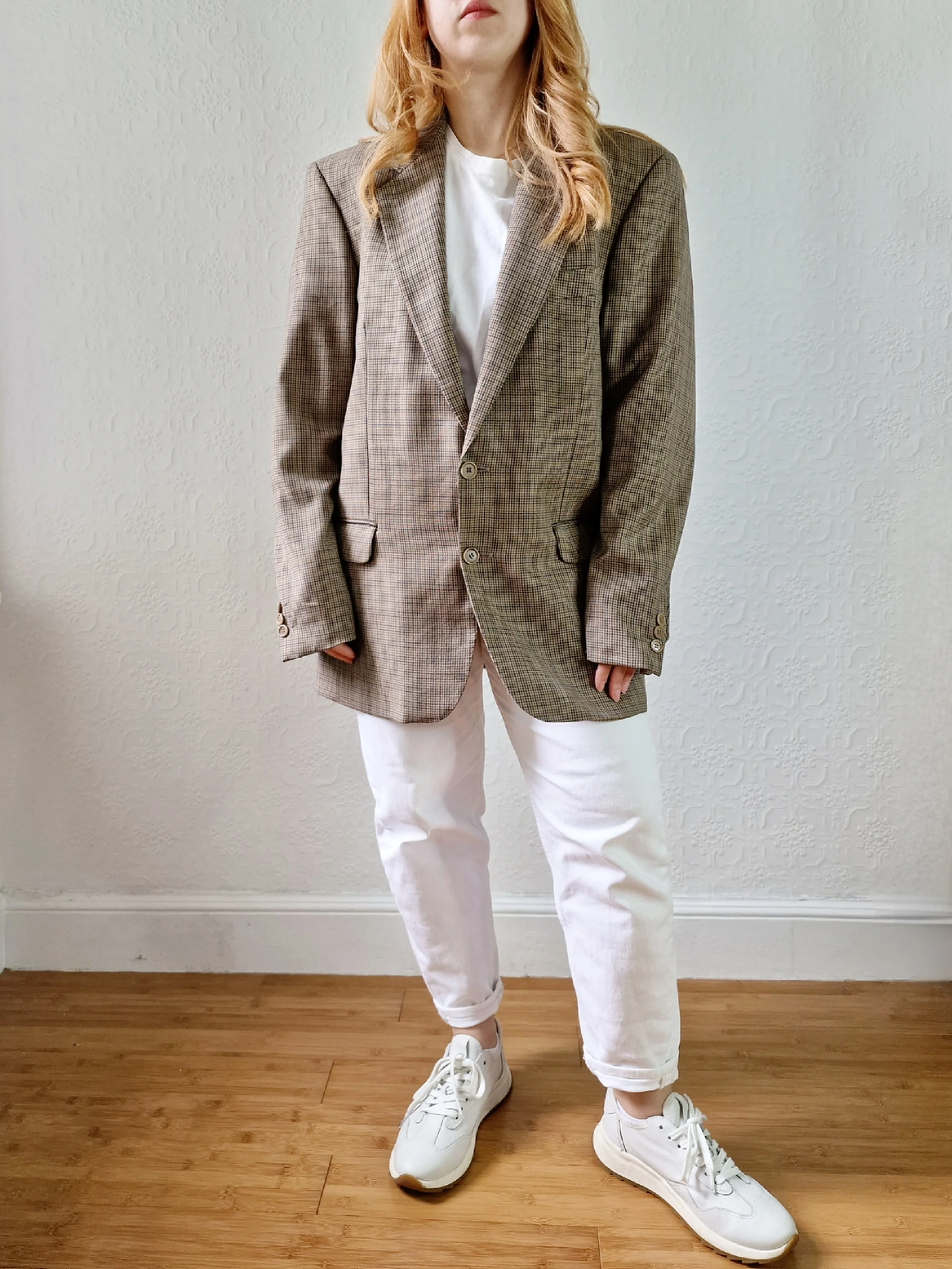 Vintage 80s Khaki Green Houndstooth Wool Blazer - M - Image 5