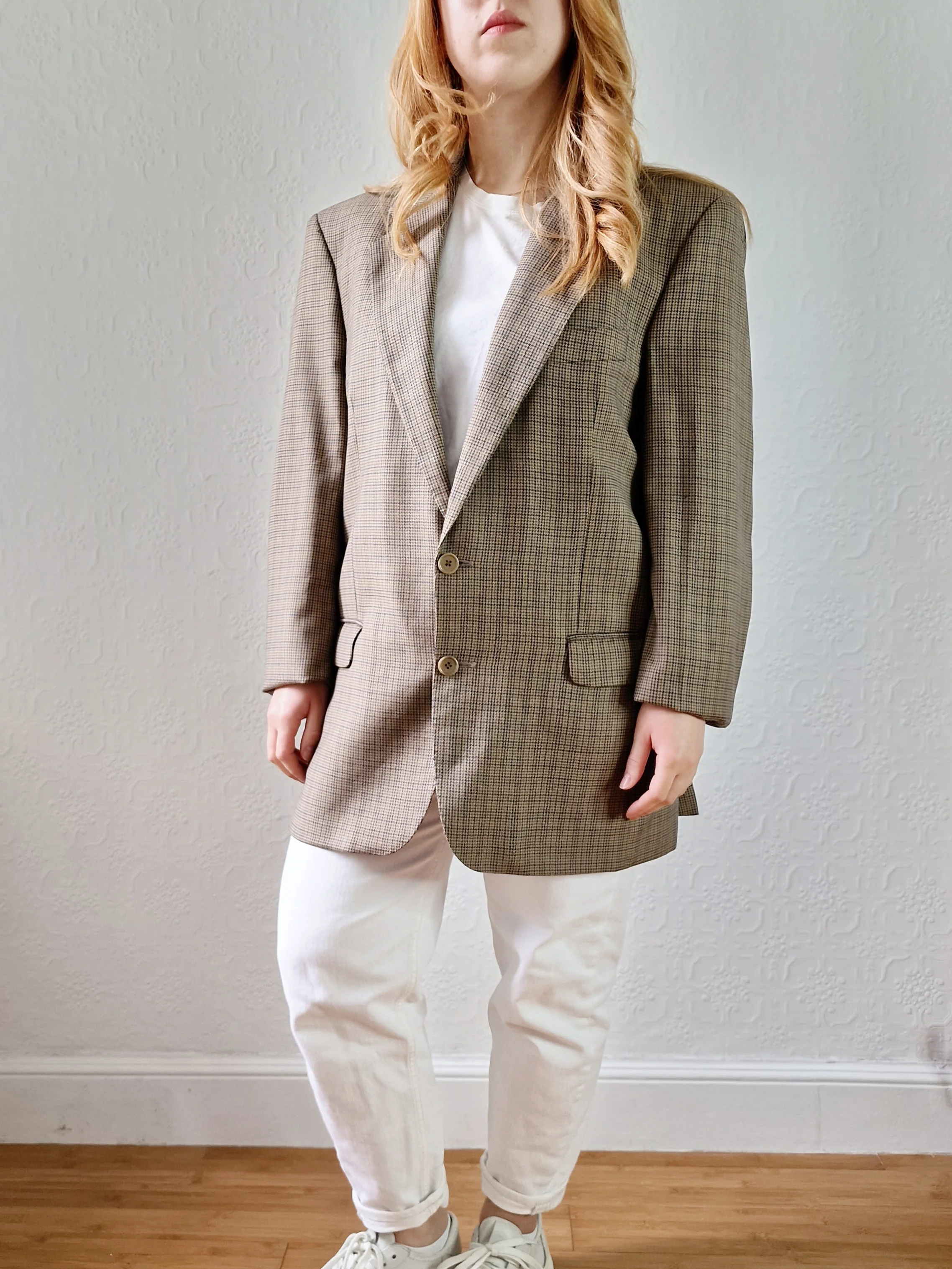 Vintage 80s Khaki Green Houndstooth Wool Blazer - M - Image 6
