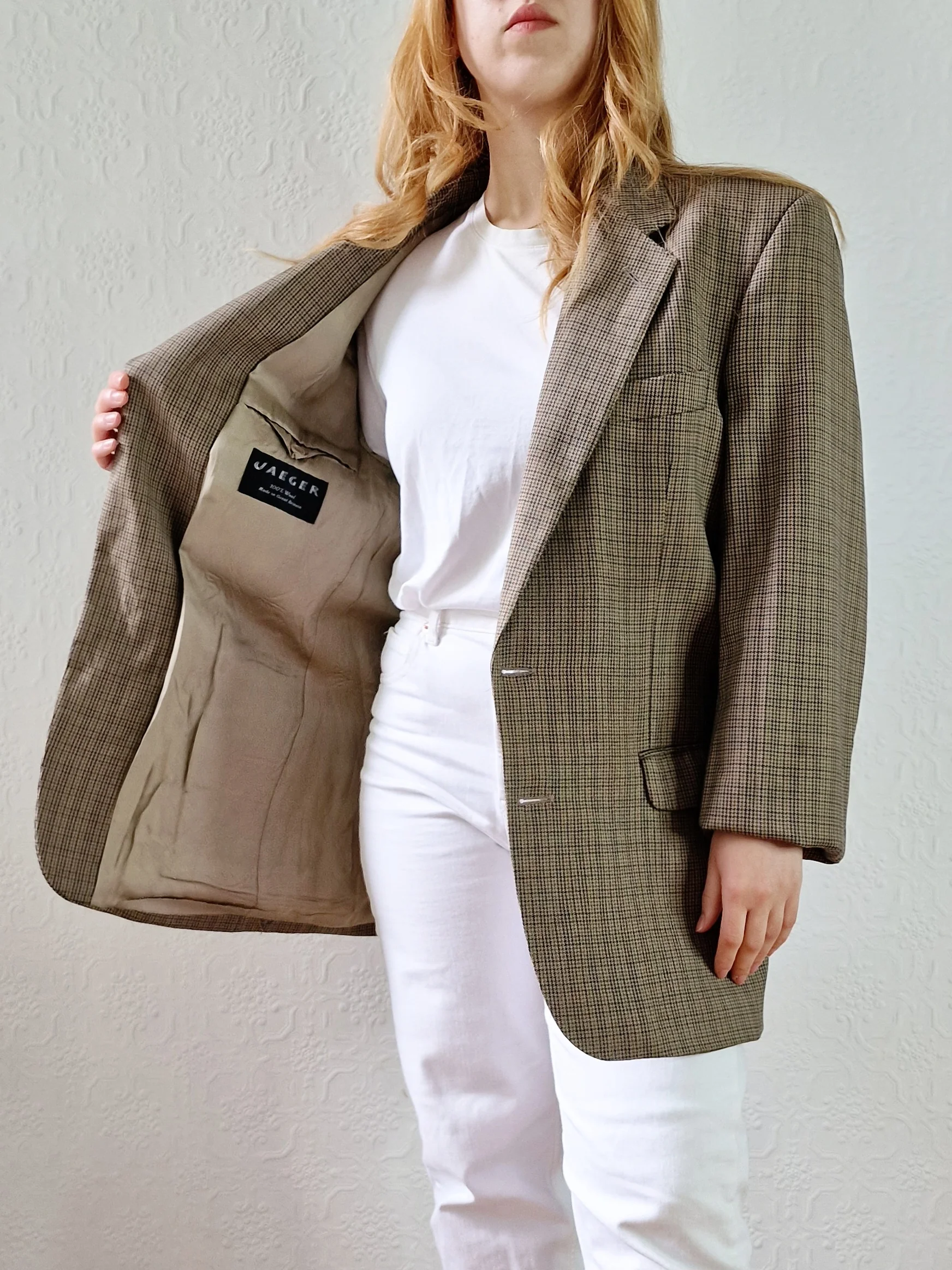 Vintage 80s Khaki Green Houndstooth Wool Blazer - M - Image 7