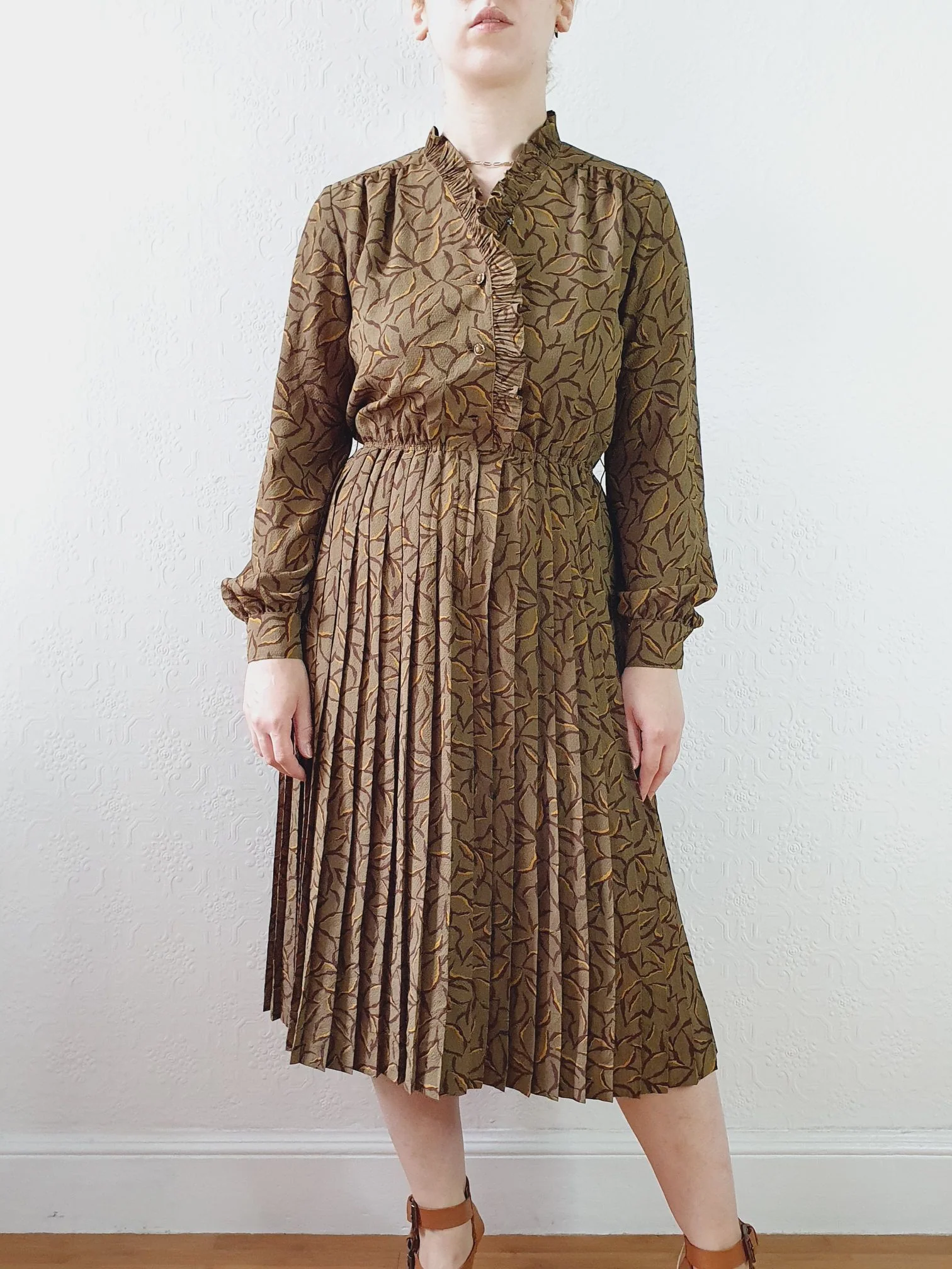 Vintage 80s Khaki Long Sleeve Floral Shirt Dress - S
