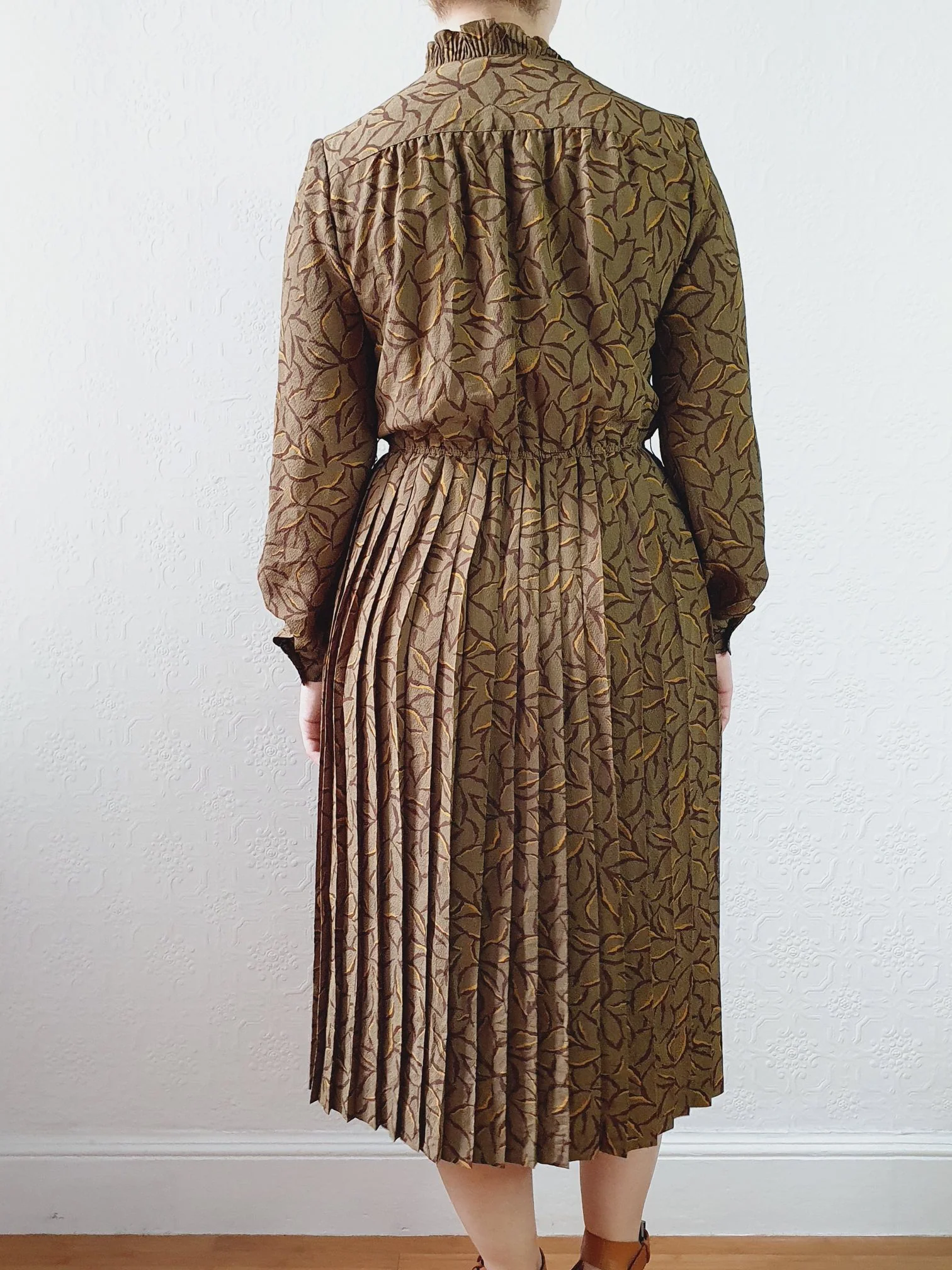 Vintage 80s Khaki Long Sleeve Floral Shirt Dress - S - Image 10