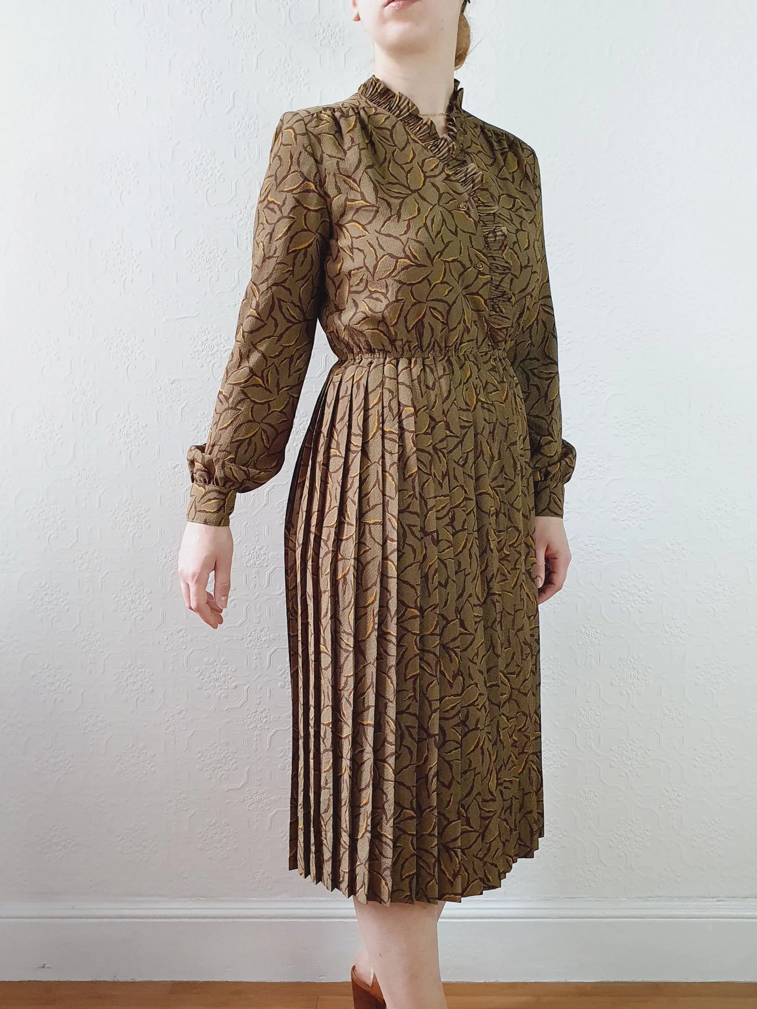 Vintage 80s Khaki Long Sleeve Floral Shirt Dress - S - Image 11