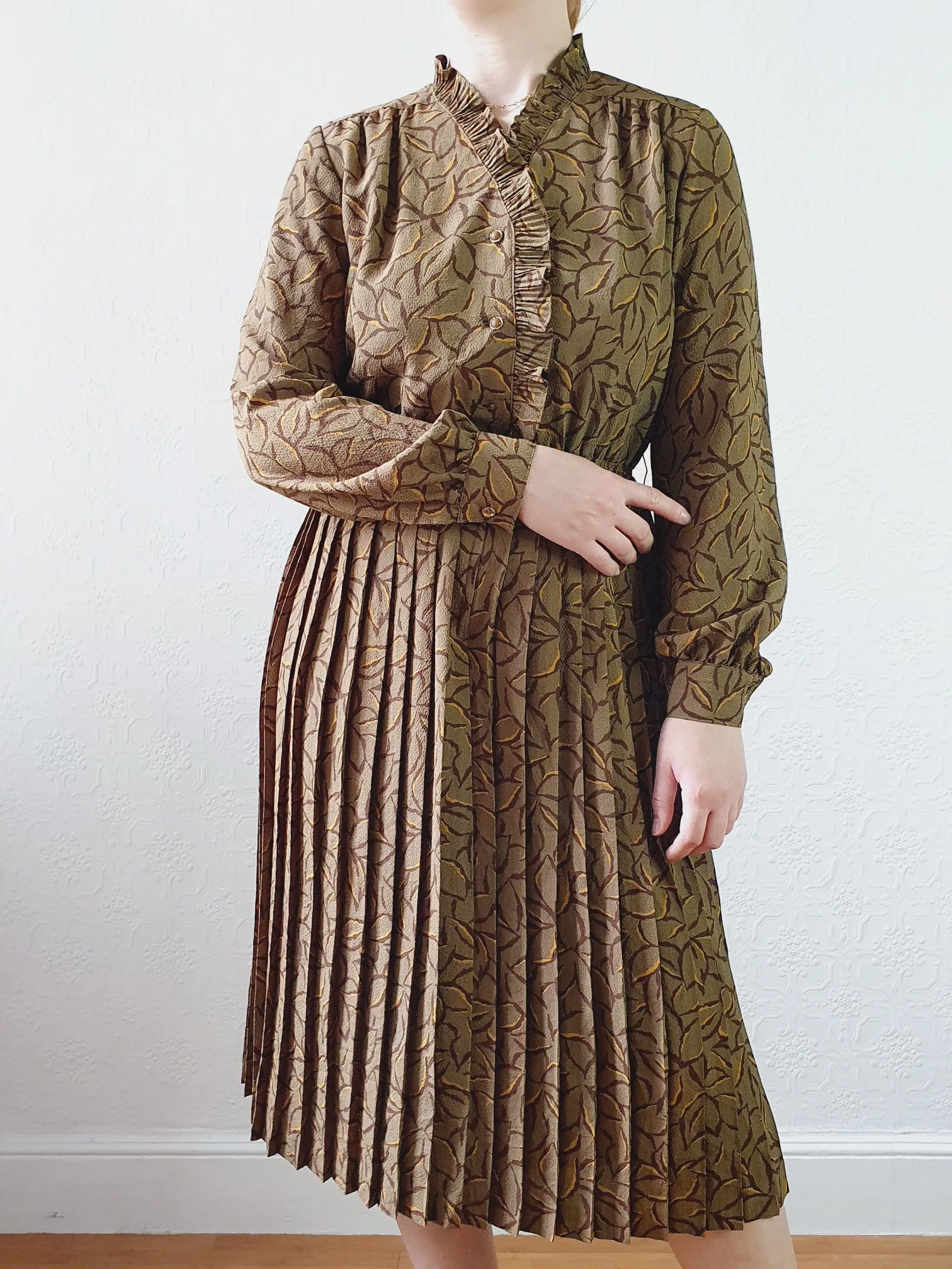 Vintage 80s Khaki Long Sleeve Floral Shirt Dress - S - Image 12