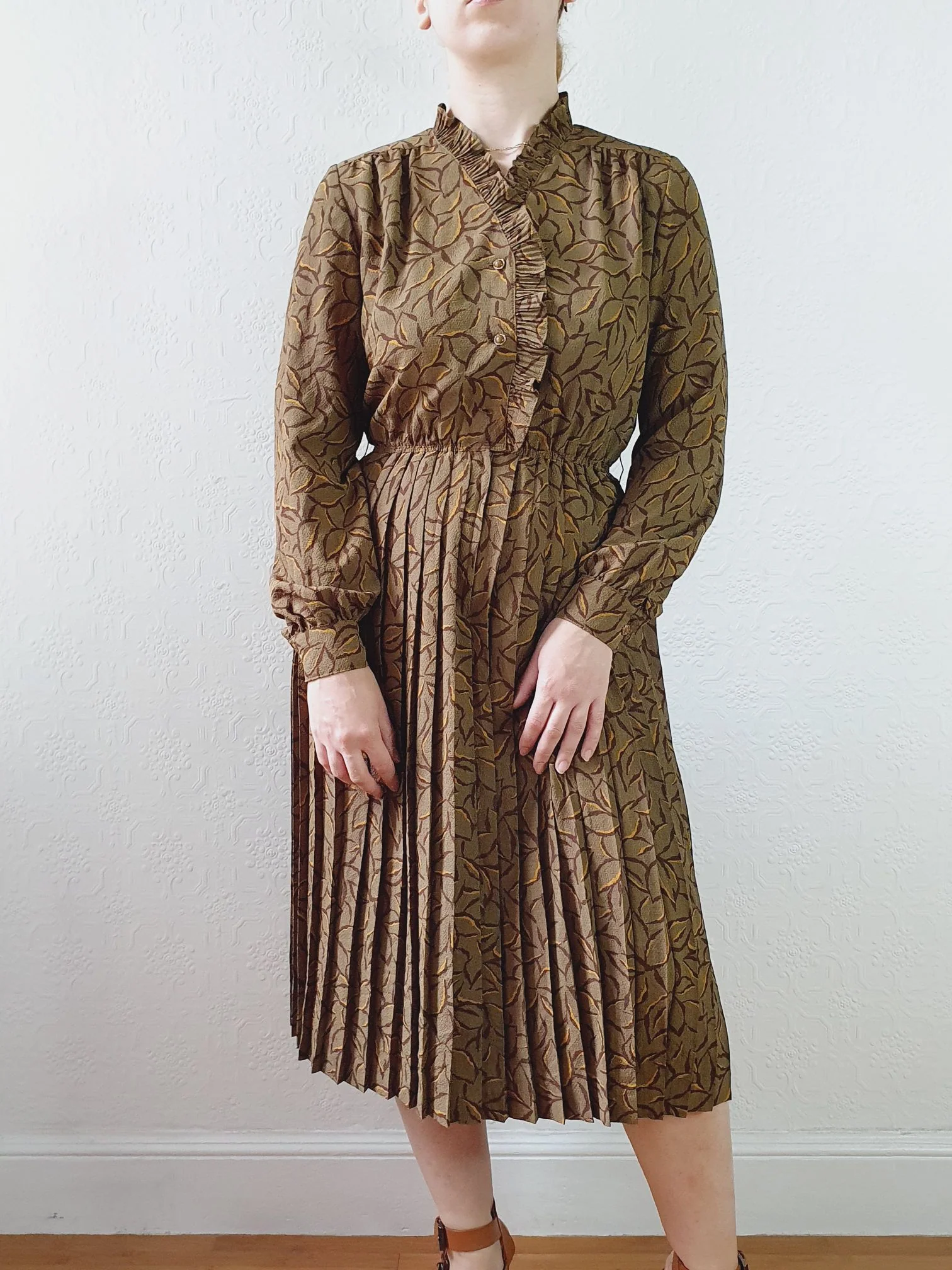 Vintage 80s Khaki Long Sleeve Floral Shirt Dress - S - Image 13